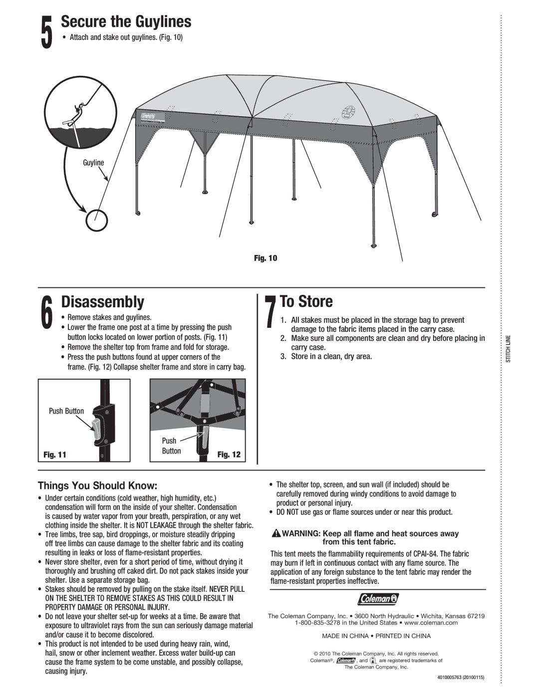 Coleman 2000004412 manual Secure the Guylines, Disassembly, 7To Store, Things You Should Know 