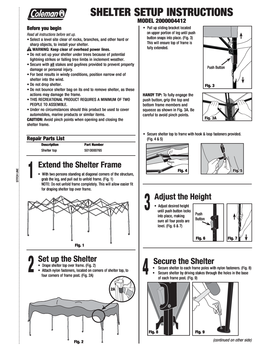 Coleman 2000004412 manual Extend the Shelter Frame, Set up the Shelter, Before you begin, Repair Parts List, 1VTI, #Vuupo 
