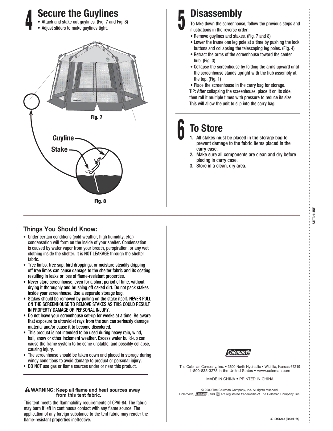 Coleman 2000004414 manual Secure the Guylines, Disassembly, To Store, Things You Should Know 