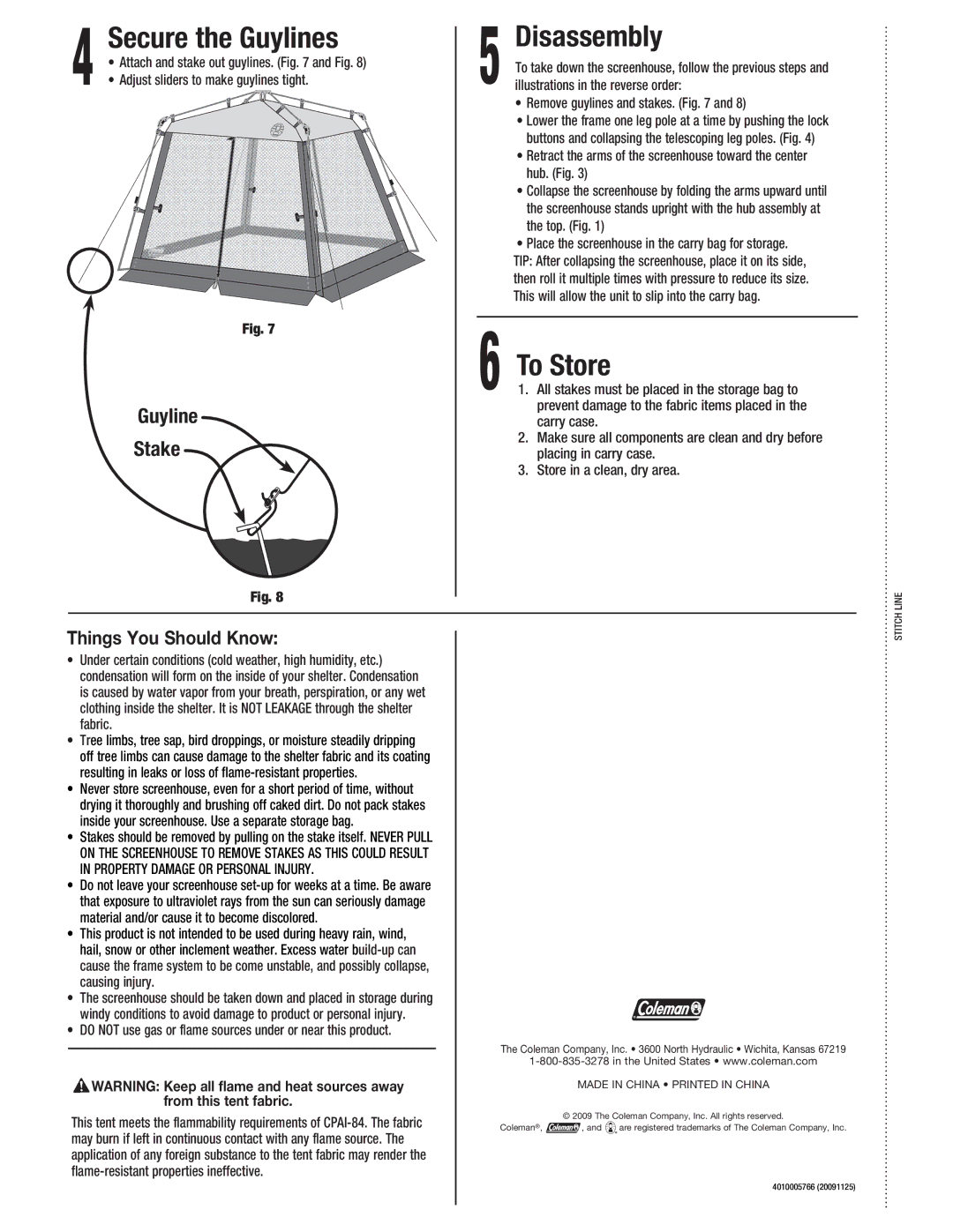 Coleman 2000004415 manual Secure the Guylines, Disassembly, To Store, Things You Should Know 