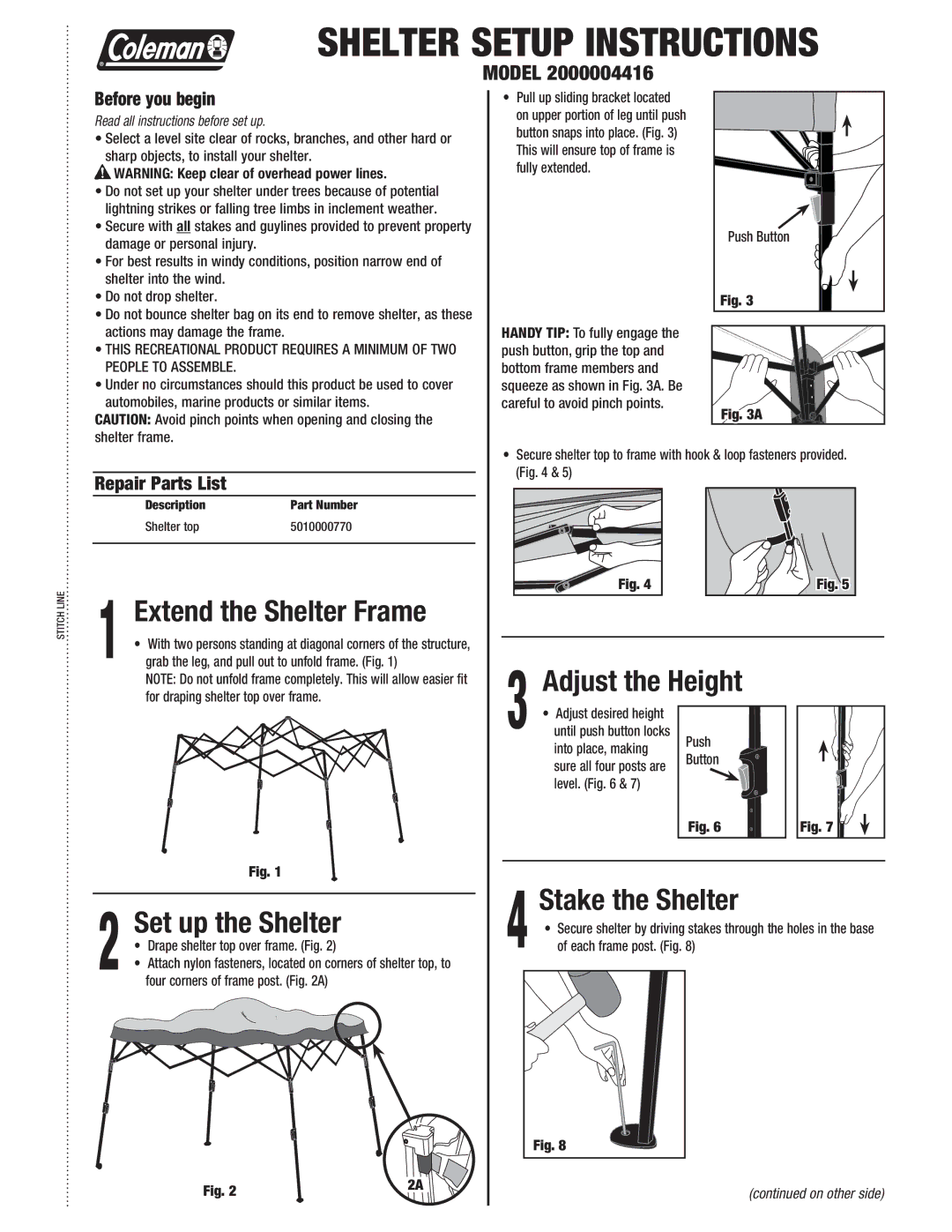 Coleman 2000004416 manual Extend the Shelter Frame, Set up the Shelter, Stake the Shelter, Before you begin 
