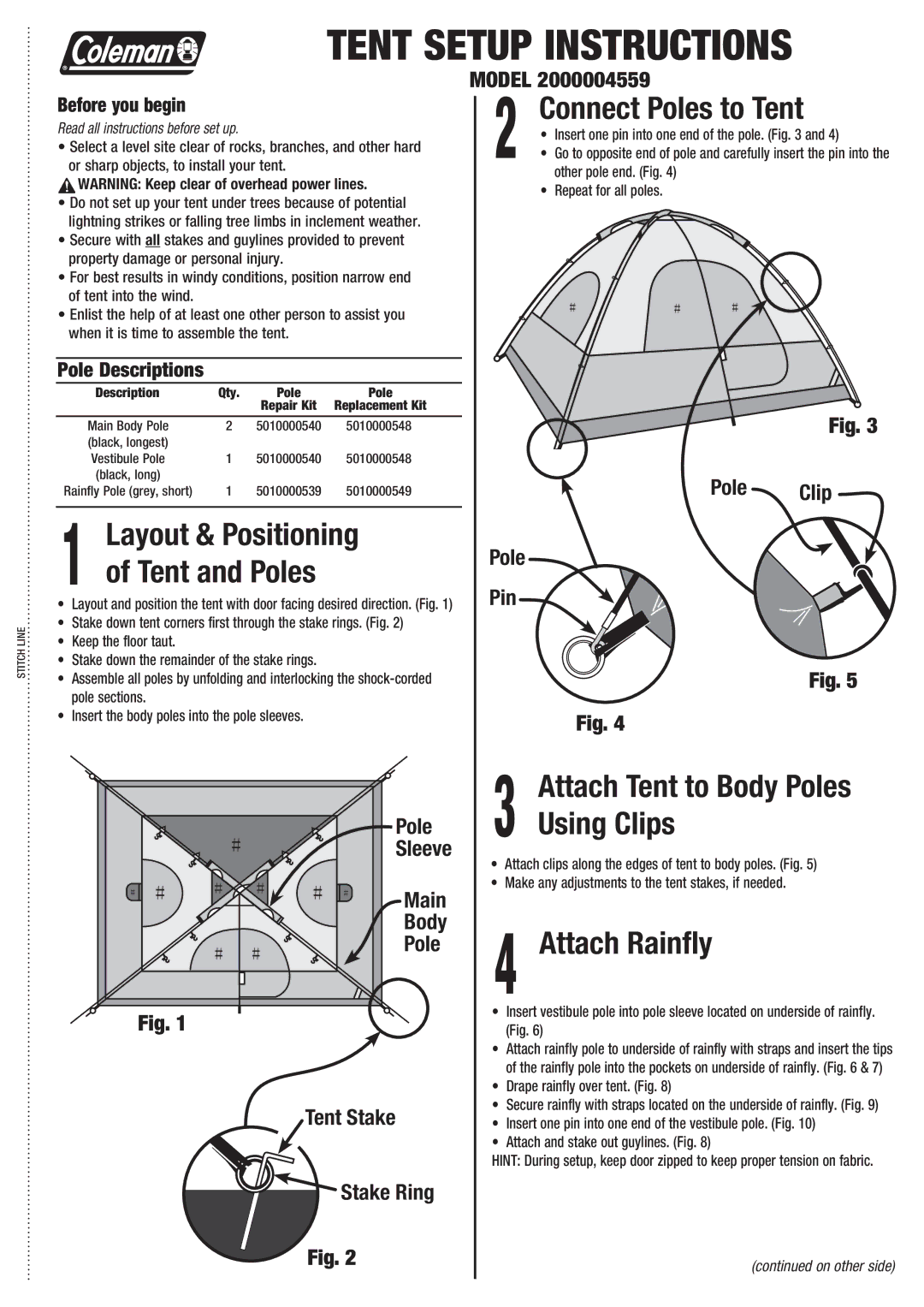 Coleman 2000004559 manual Layout & Positioning Tent and Poles, Connect Poles to Tent, Attach Rainfly 