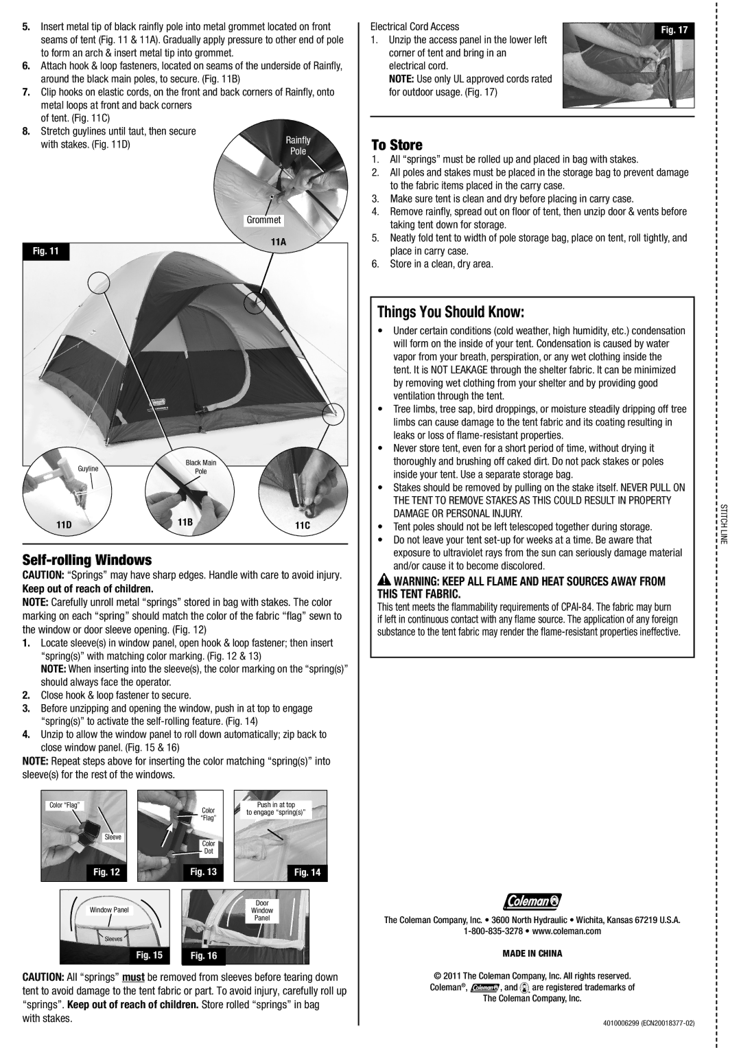 Coleman 2000004659 manual To Store, Self-rolling Windows 