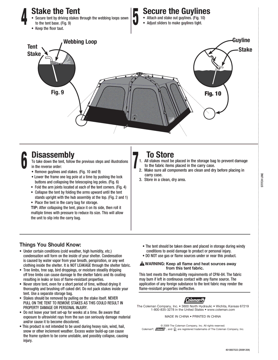 Coleman 2000005512 manual Stake the Tent, Secure the Guylines, Disassembly, To Store, Things You Should Know 