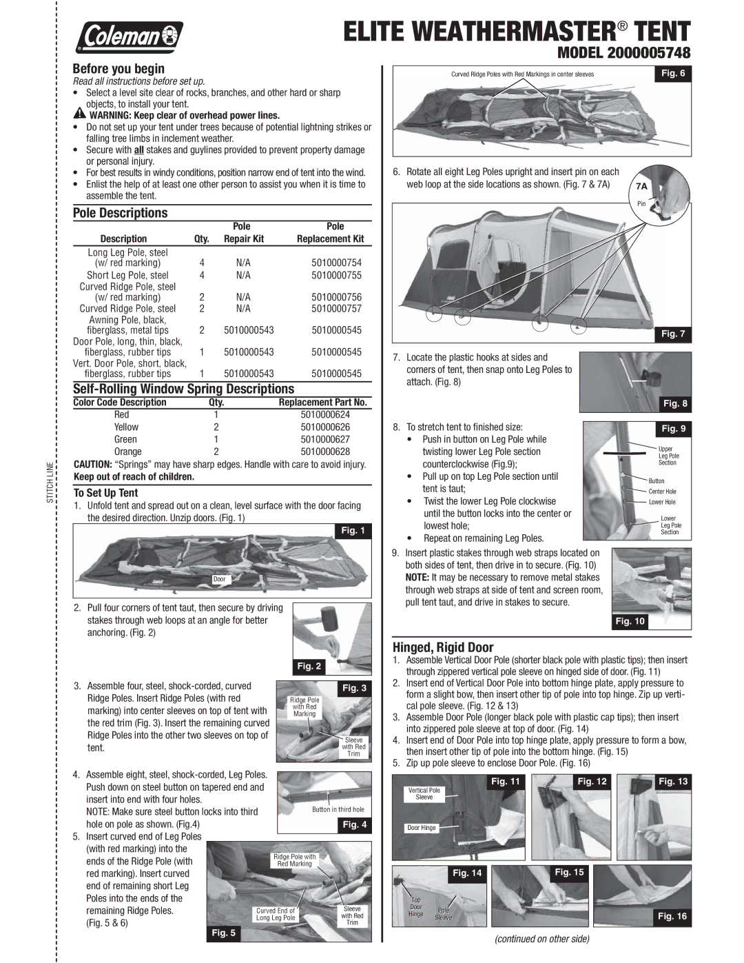 Coleman 2000005748 manual Before you begin, Pole Descriptions, Self-Rolling Window Spring Descriptions, Hinged, Rigid Door 