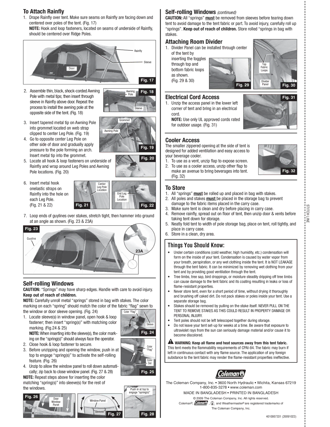 Coleman 2000005748 manual To Attach Rainﬂy, Self-rolling Windows, Attaching Room Divider, Cooler Access, To Store 