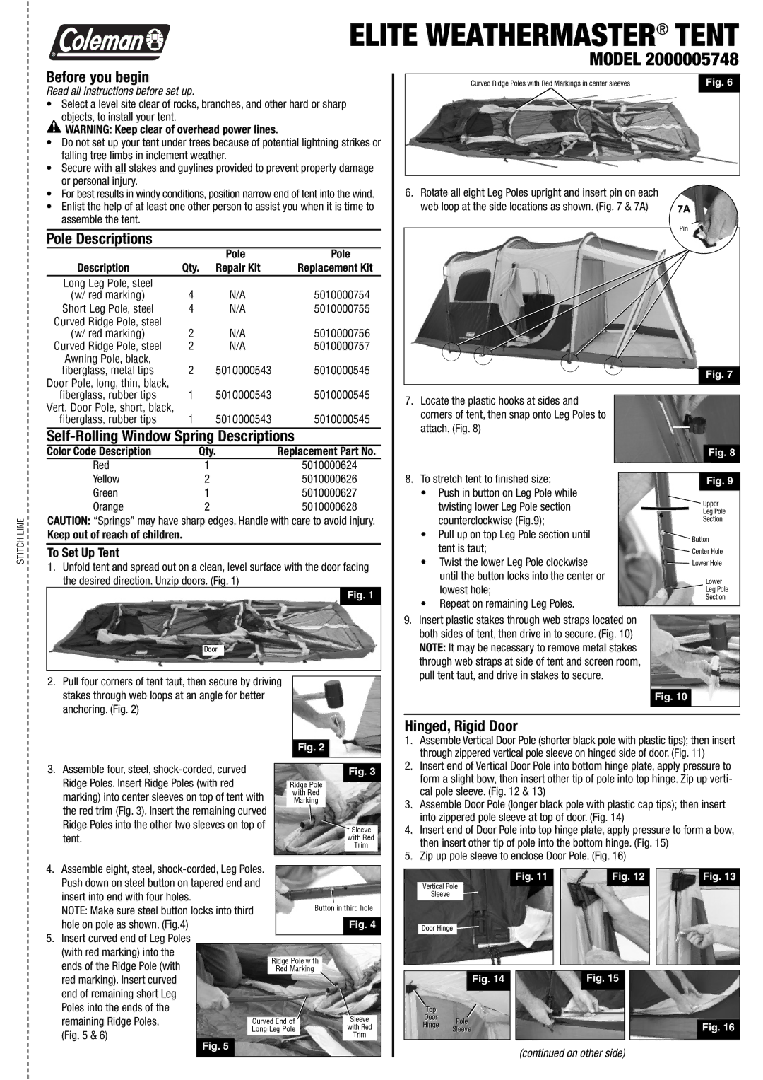 Coleman 2000005748 manual Before you begin, Pole Descriptions, Self-Rolling Window Spring Descriptions, Hinged, Rigid Door 