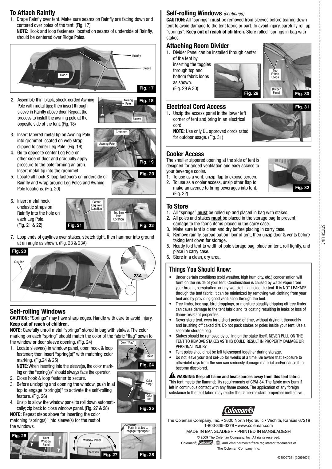 Coleman 2000005748 manual To Attach Rainﬂy, Self-rolling Windows, Attaching Room Divider, Cooler Access, To Store 