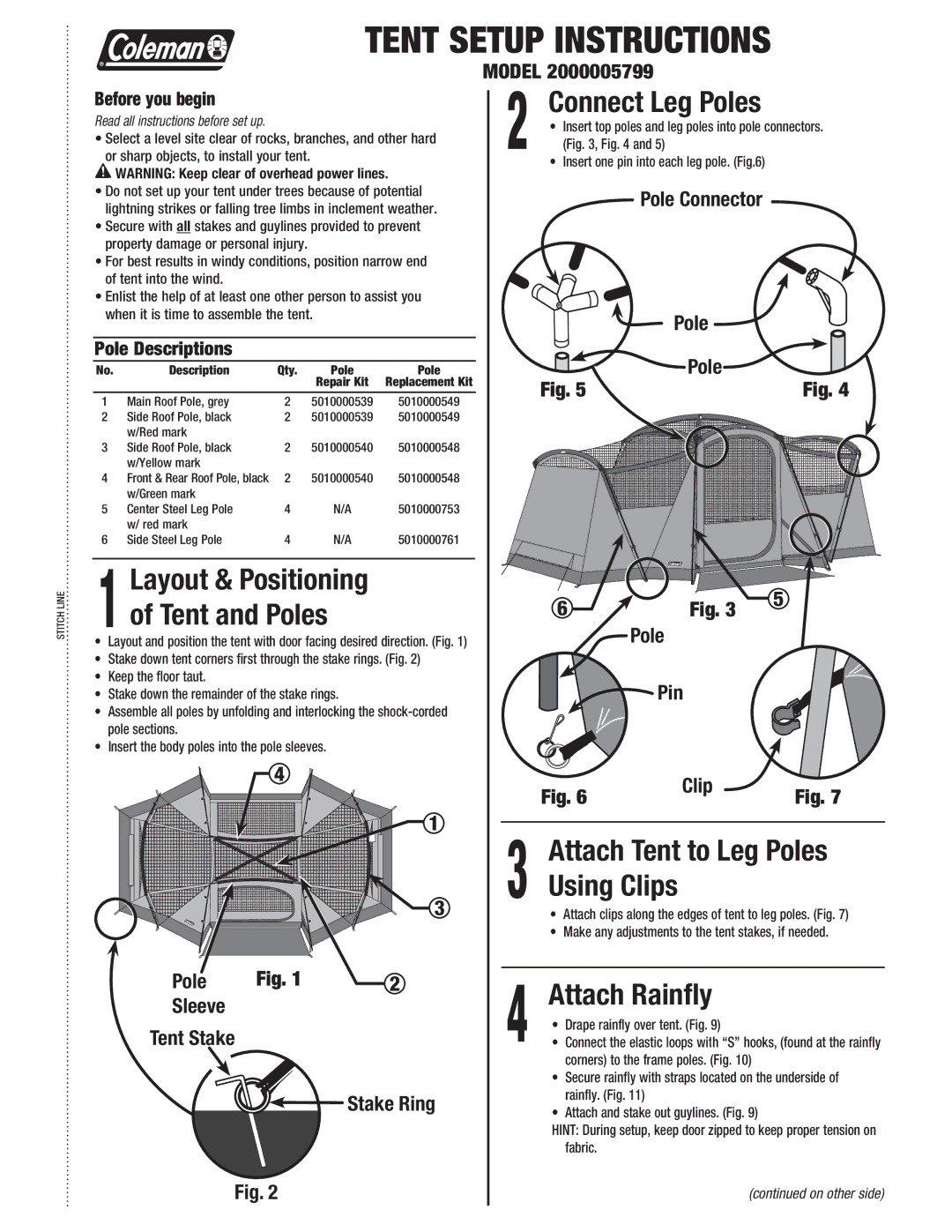 Coleman 2000005799 manual Attach Tent to Leg Poles, Using Clips, Attach Rainﬂy 