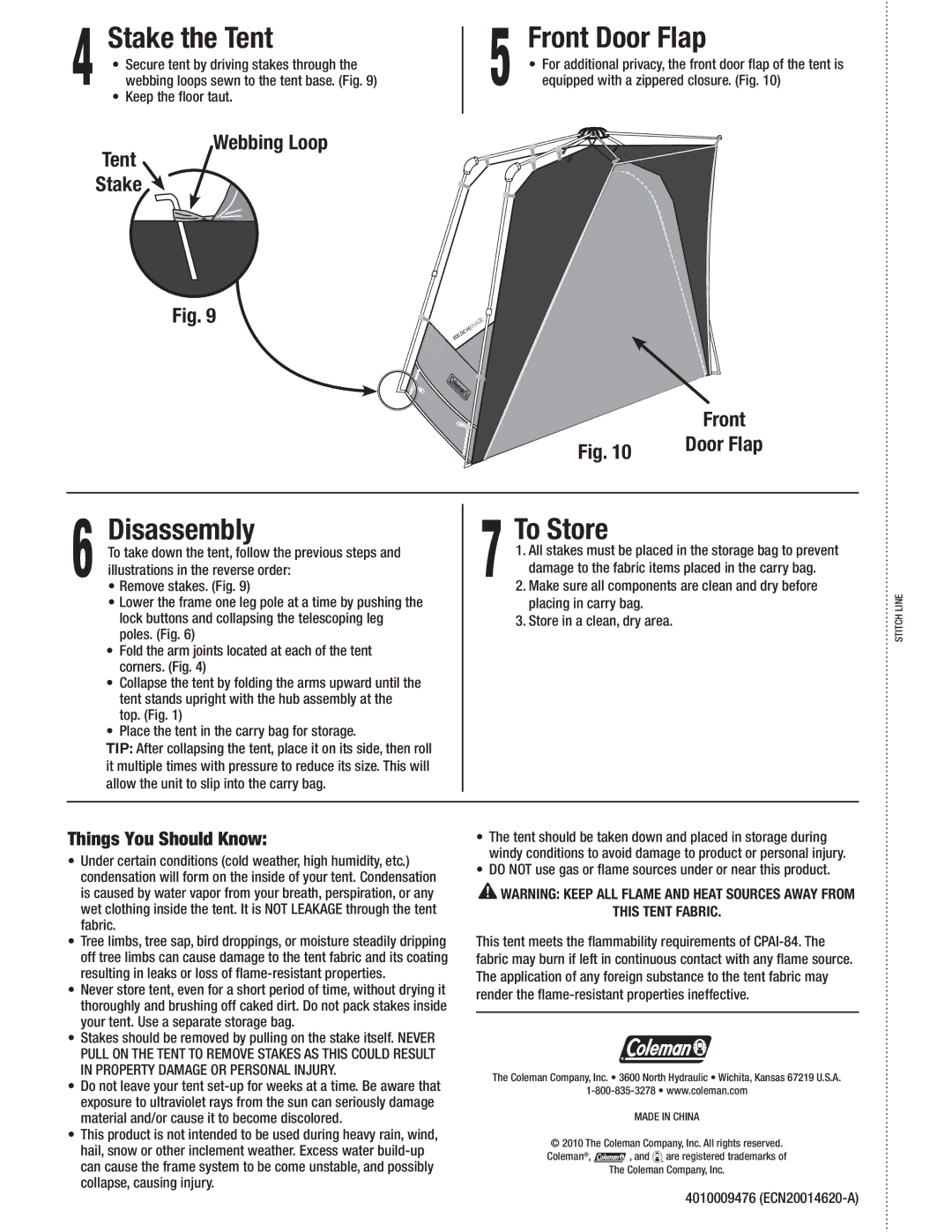 Coleman 2000007823 manual Stake the Tent, Front Door Flap, Disassembly, To Store, Things You Should Know 