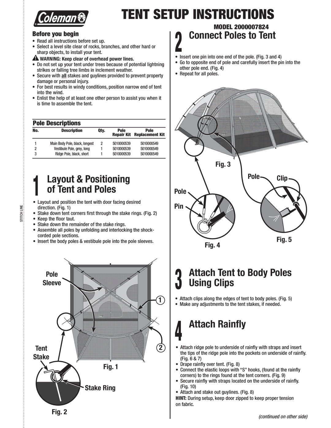 Coleman 2000007824 manual Connect Poles to Tent, Attach Tent to Body Poles Using Clips, Attach Rainﬂy 