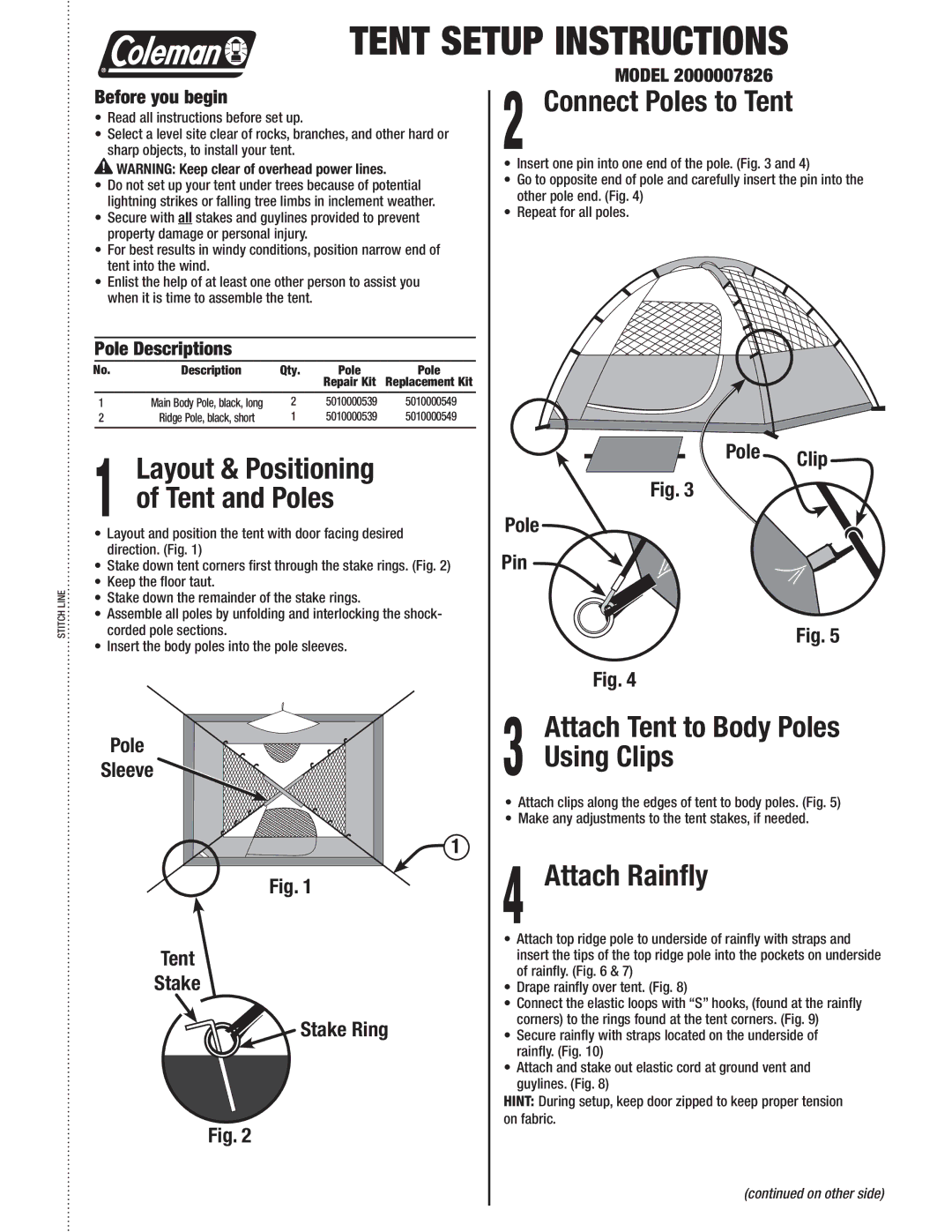 Coleman 2000007826 manual Connect Poles to Tent, Attach Tent to Body Poles Using Clips, Attach Rainﬂy 