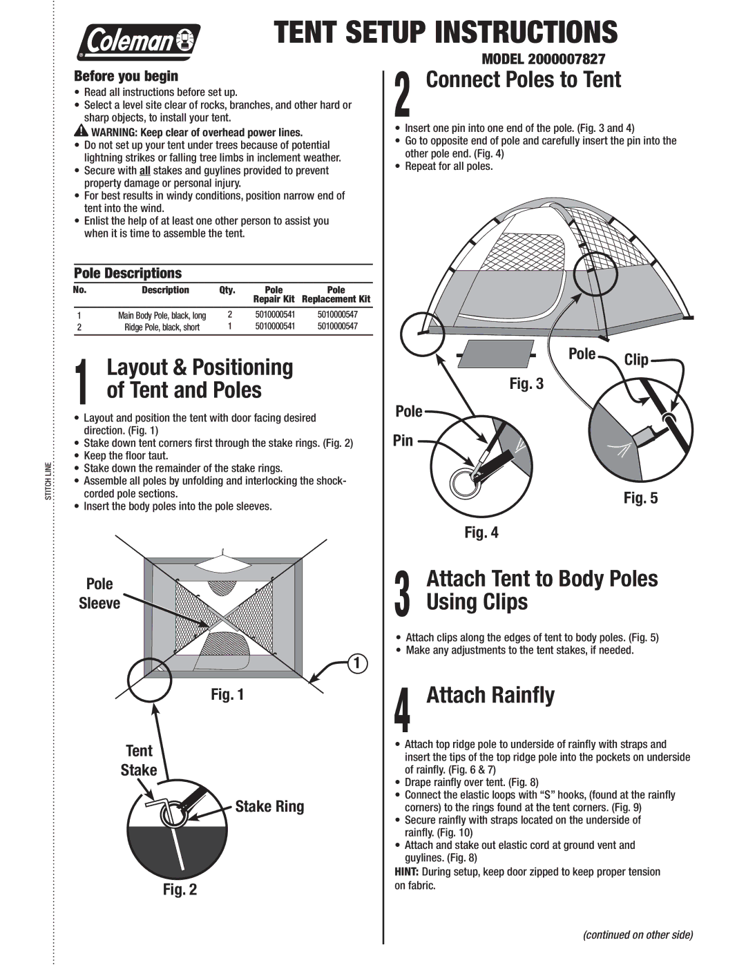 Coleman 2000007827 manual Connect Poles to Tent, Attach Tent to Body Poles Using Clips, Attach Rainﬂy 