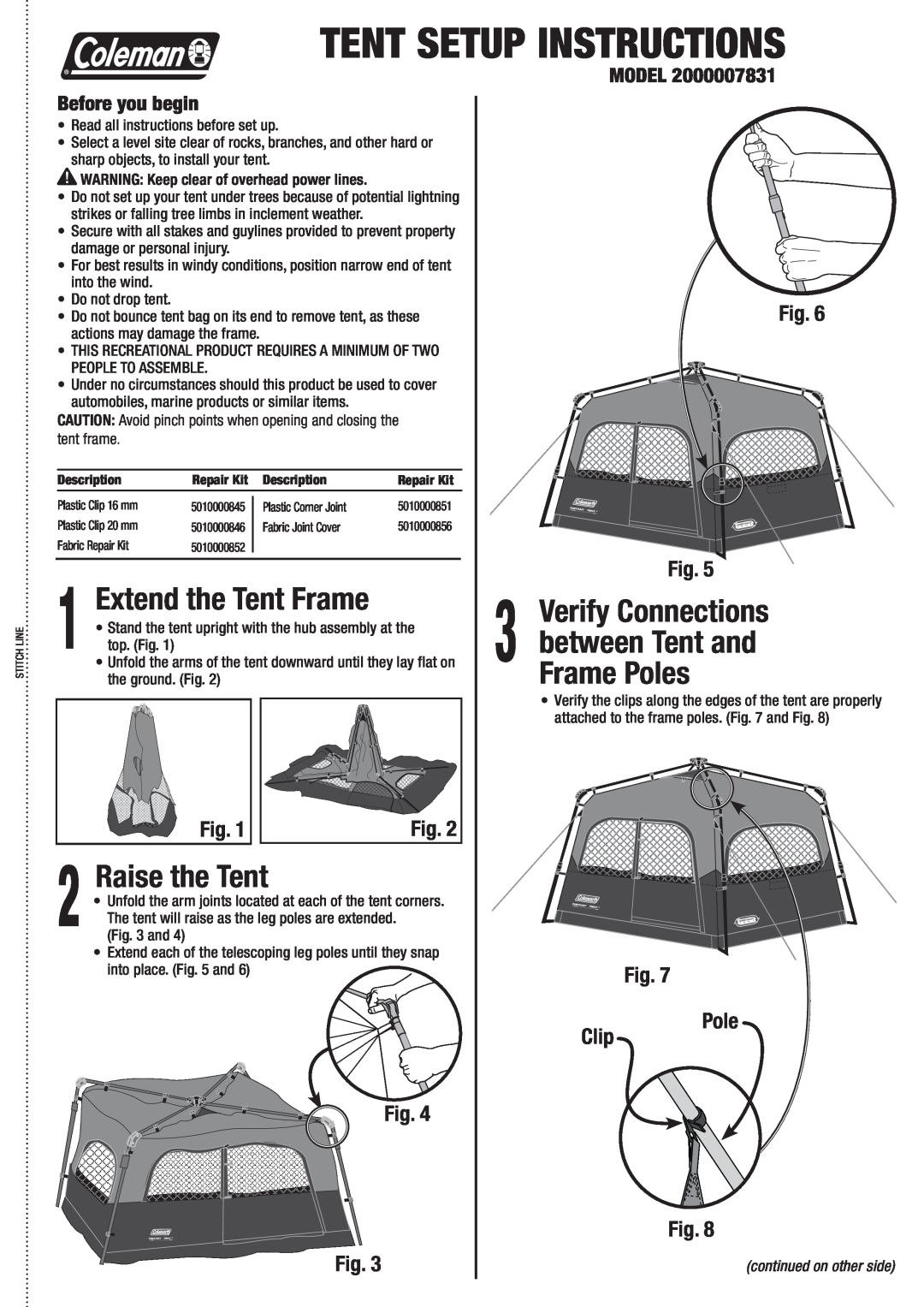 Coleman 2000007831 manual Verify Connections, between Tent and, Frame Poles, Raise the Tent, Pole Clip, Model 
