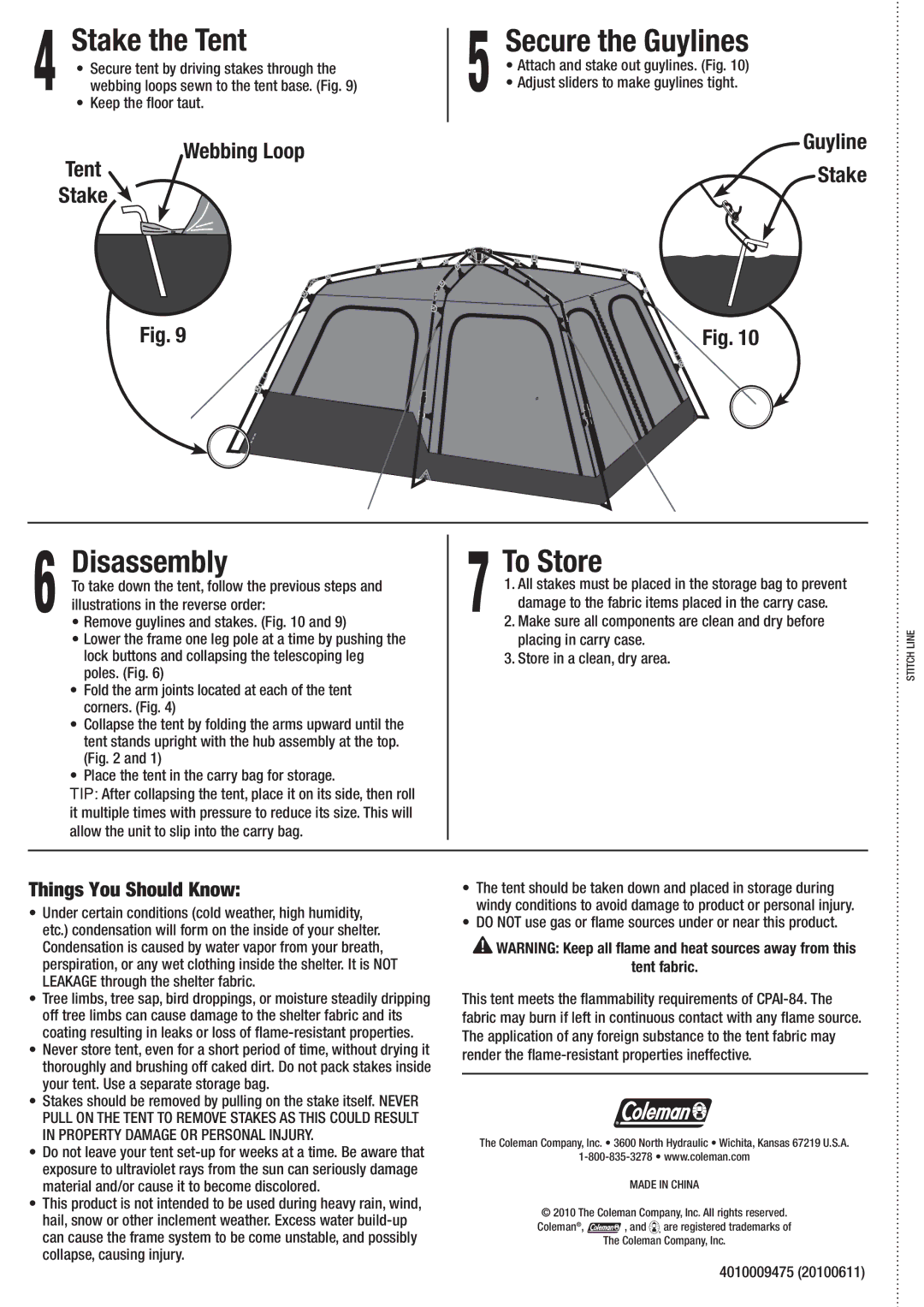 Coleman 2000007832 manual Stake the Tent, Disassembly, To Store, Things You Should Know 