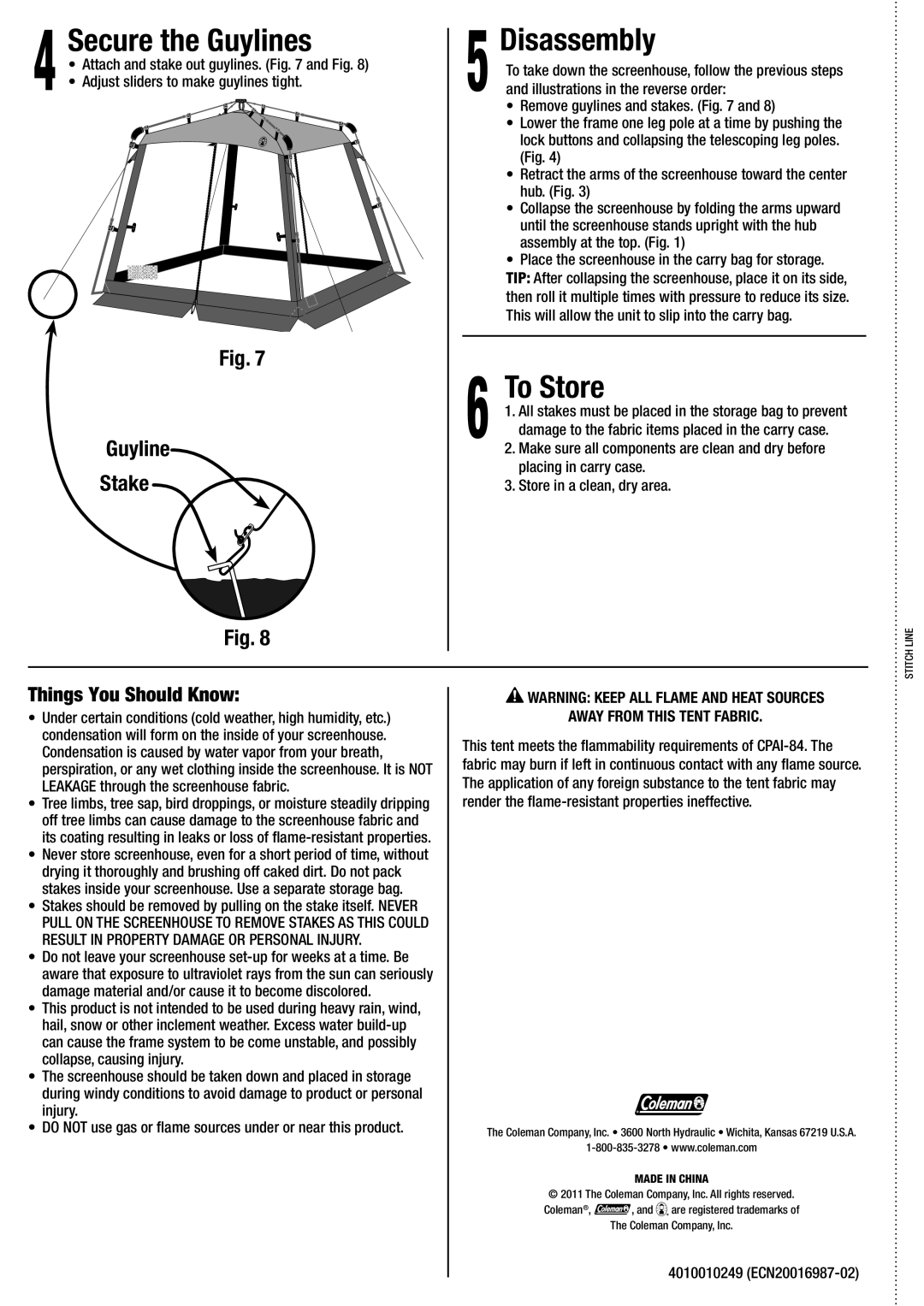 Coleman 2000008349 manual Secure the Guylines, Disassembly, To Store, 4010010249 ECN20016987-02 