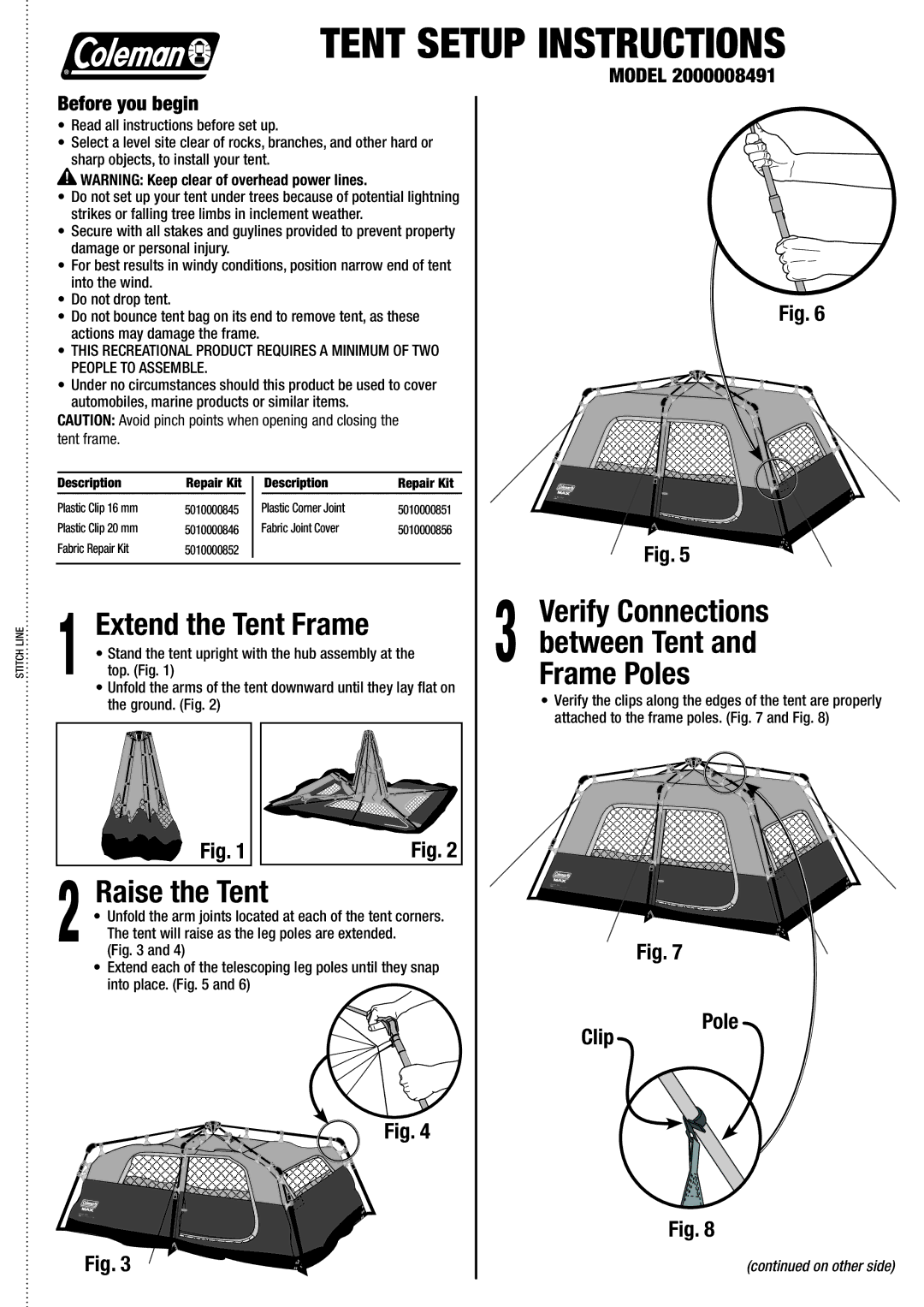 Coleman 2000008491 manual Extend the Tent Frame, Raise the Tent, Verify Connections Between Tent Frame Poles, Model 