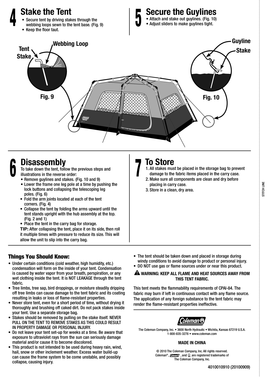 Coleman 2000008491 manual Stake the Tent, Secure the Guylines, Disassembly, To Store, Things You Should Know 