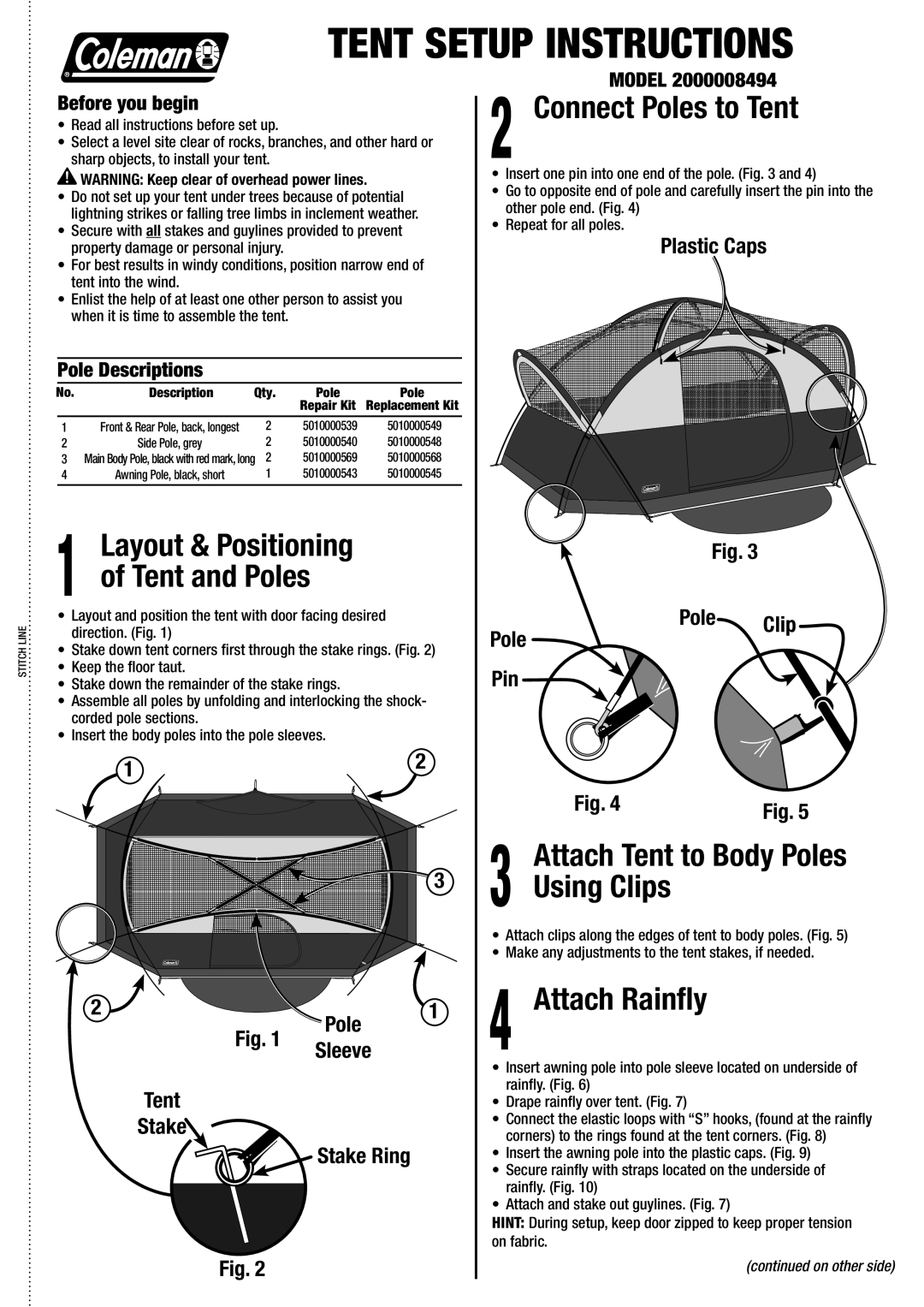 Coleman 2000008494 manual Layout & Positioning Tent and Poles, Connect Poles to Tent, Attach Rainfly 