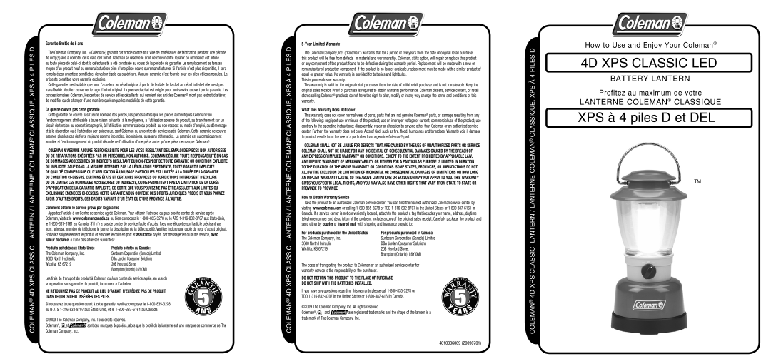 Coleman 2000008554 warranty Garantie limitée de 5 ans, Ce que ne couvre pas cette garantie, Coleman Company, Inc 
