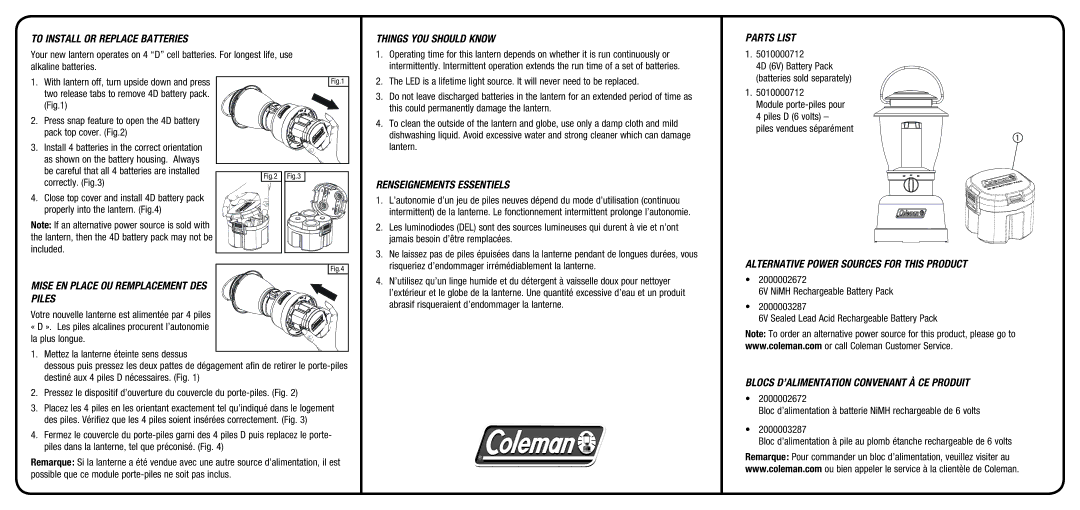 Coleman 2000008554 warranty Renseignements Essentiels, Mise EN Place OU Remplacement DES Piles 