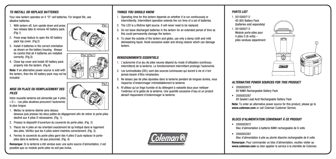 Coleman 2000008554 warranty To Install or Replace Batteries, Things You Should Know, Parts list, Renseignements Essentiels 