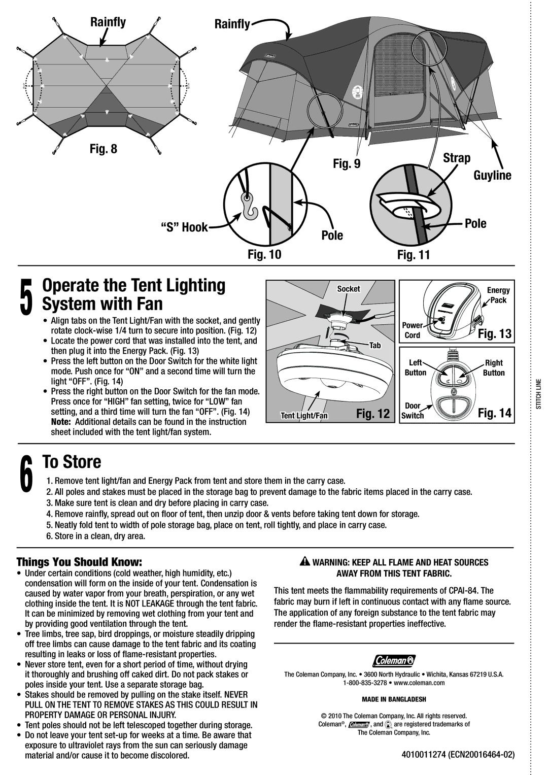 Coleman 2000008916 manual Operate the Tent Lighting, System with Fan, To Store, Rainfly Rainfly Strap, Hook Pole 