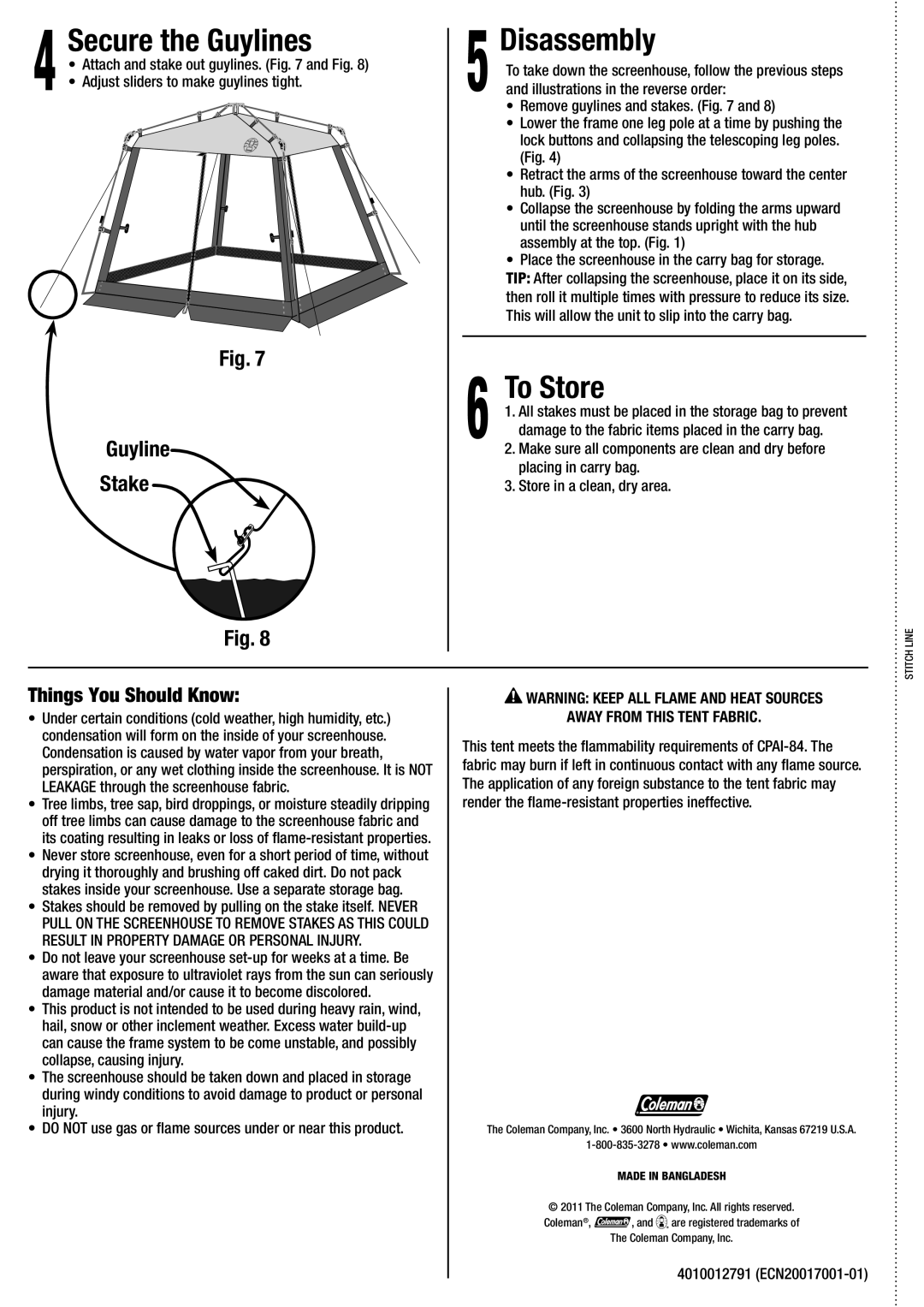 Coleman 2000009327 manual Secure the Guylines, Disassembly, To Store, Things You Should Know, 4010012791 ECN20017001-01 