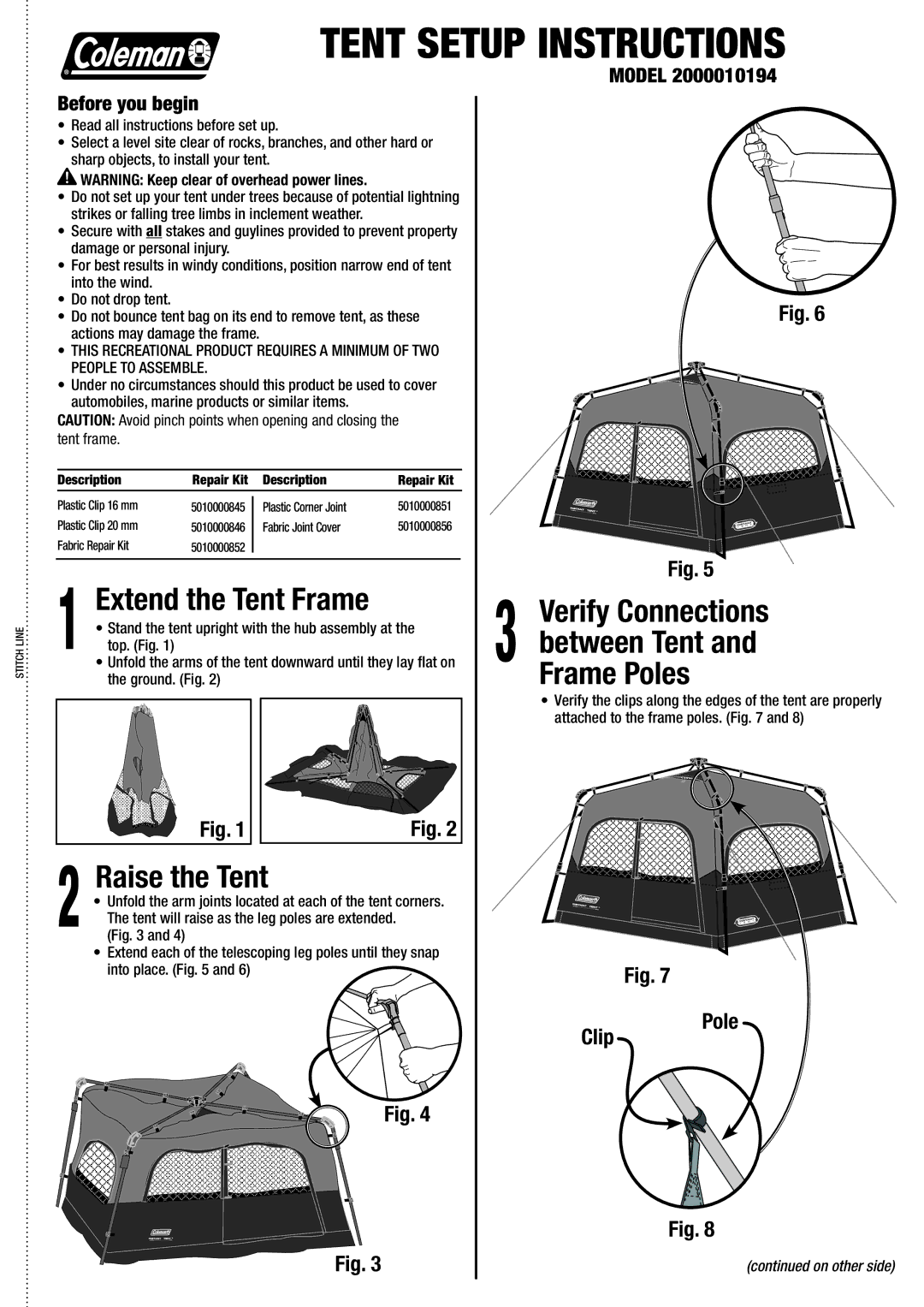 Coleman manual Frame Poles, Raise the Tent, Model 2000010194 Before you begin 