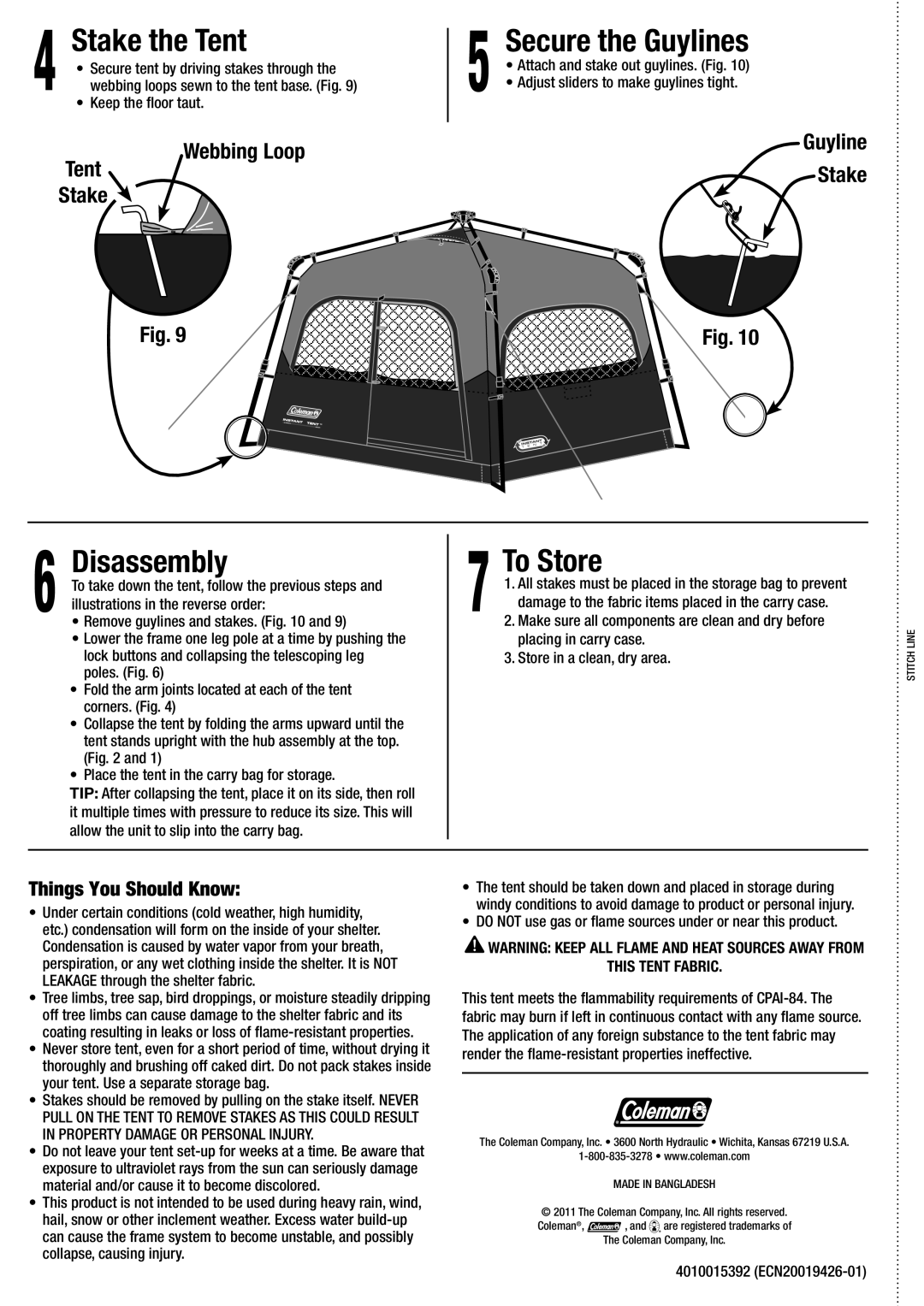 Coleman 2000010194 manual Stake the Tent, Secure the Guylines, Disassembly, To Store, Things You Should Know 