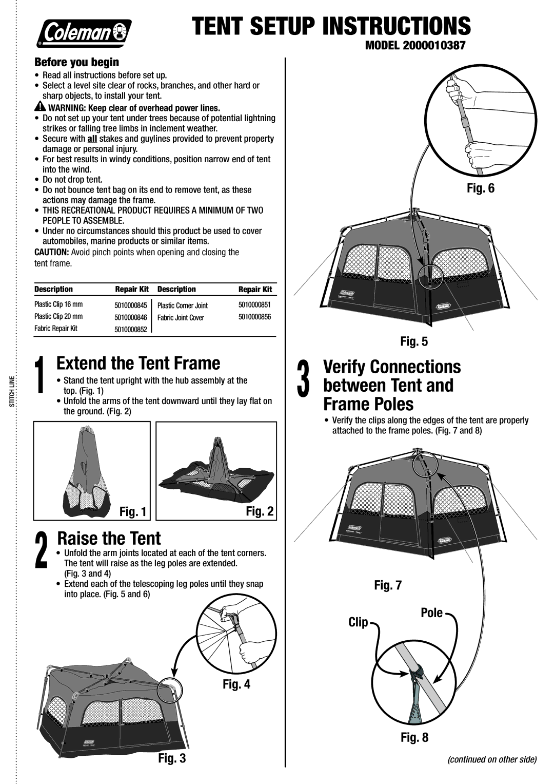 Coleman manual Verify Connections, Between Tent, Frame Poles, Raise the Tent, Model 2000010387 Before you begin 