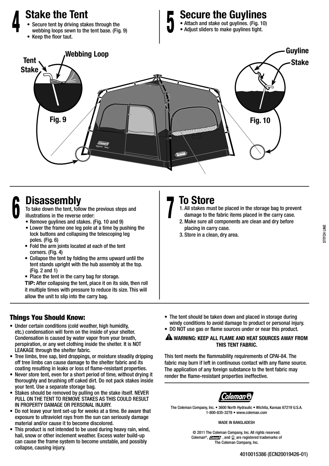 Coleman 2000010387 manual Stake the Tent, Secure the Guylines, Disassembly, To Store, Things You Should Know 