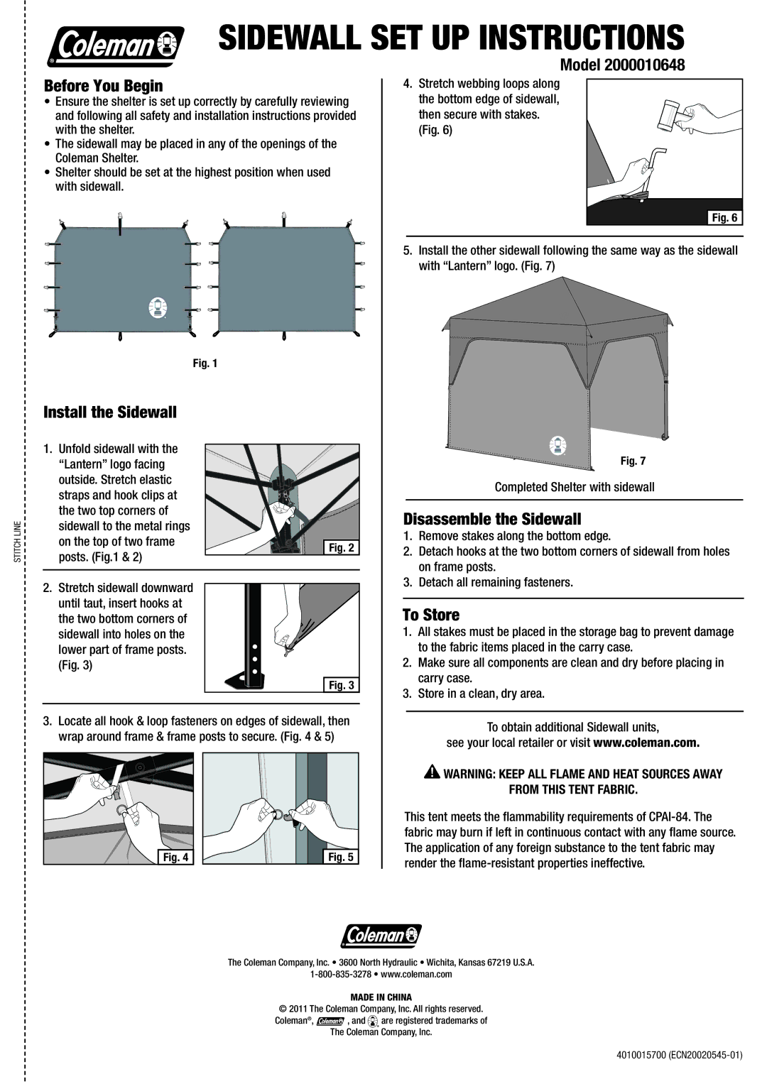 Coleman 2000010648 manual Sidewall SET UP instructions, Before You Begin, Install the Sidewall, Disassemble the Sidewall 