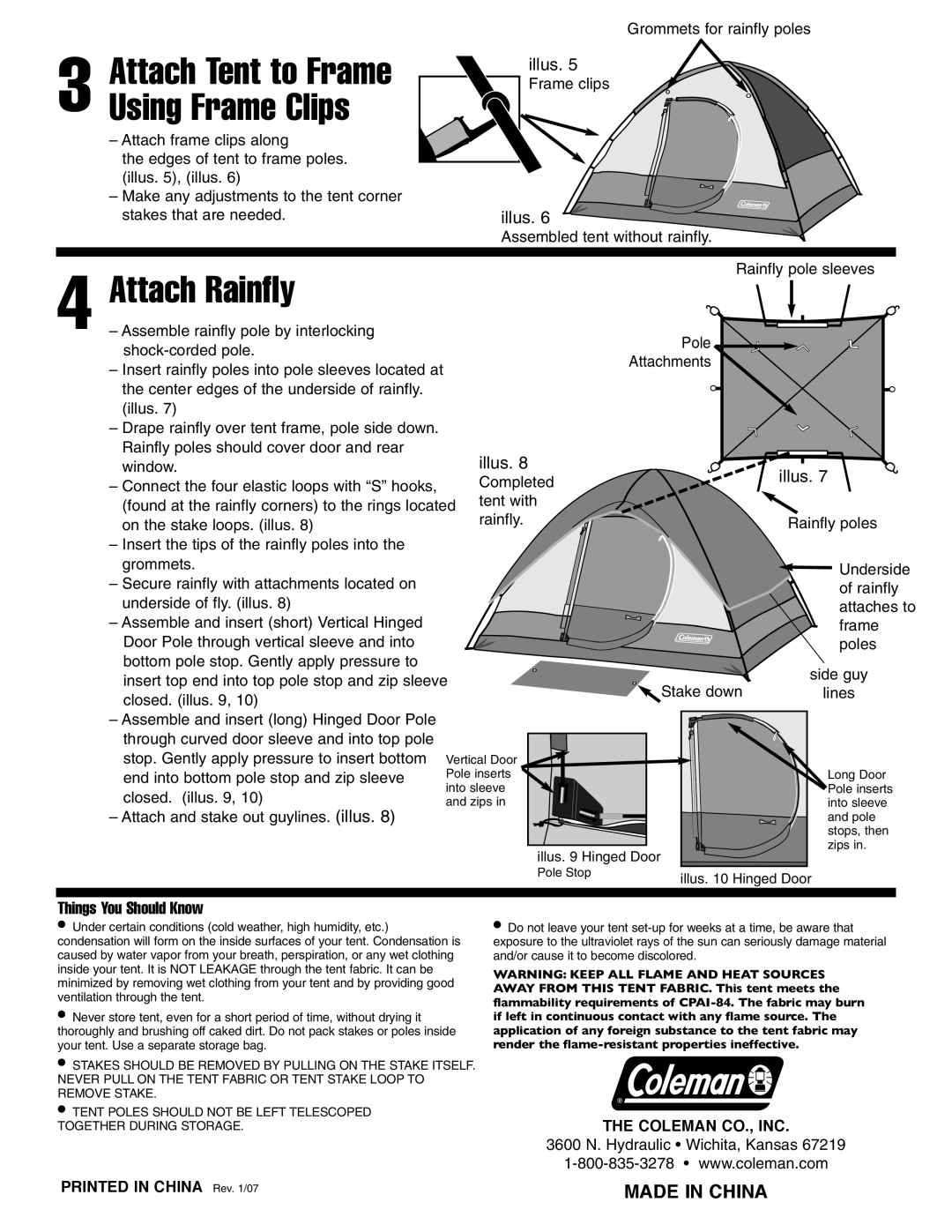 Coleman 200001391 manual Attach Tent to Frame, Using Frame Clips, Attach Rainfly, Illus, Things You Should Know 