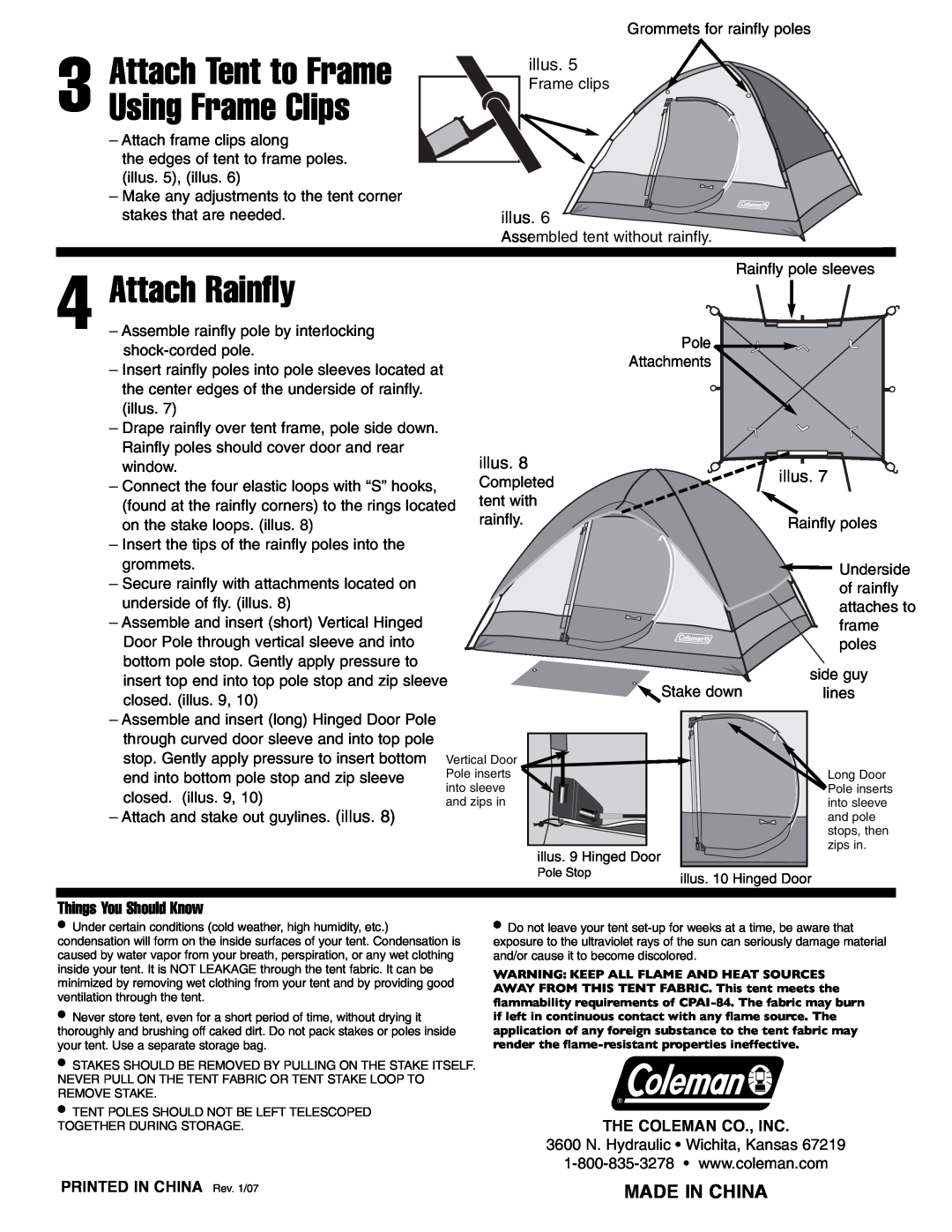 Coleman 200001391 Attach Tent to Frame, Using Frame Clips, Attach Rainfly, Made In China, illus, Things You Should Know 