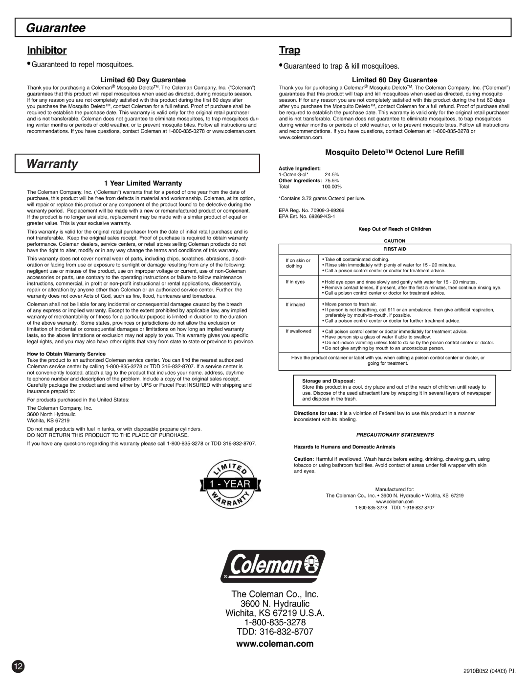 Coleman 2200 manual Guarantee, Inhibitor, Trap, Mosquito DeletoTM Octenol Lure Refill 