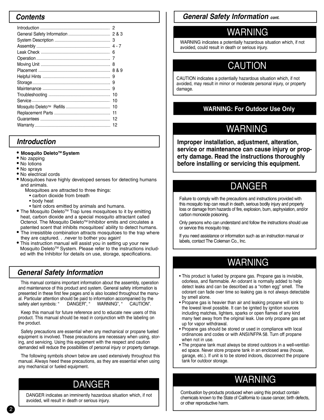 Coleman 2200 manual Contents, Introduction, General Safety Information 