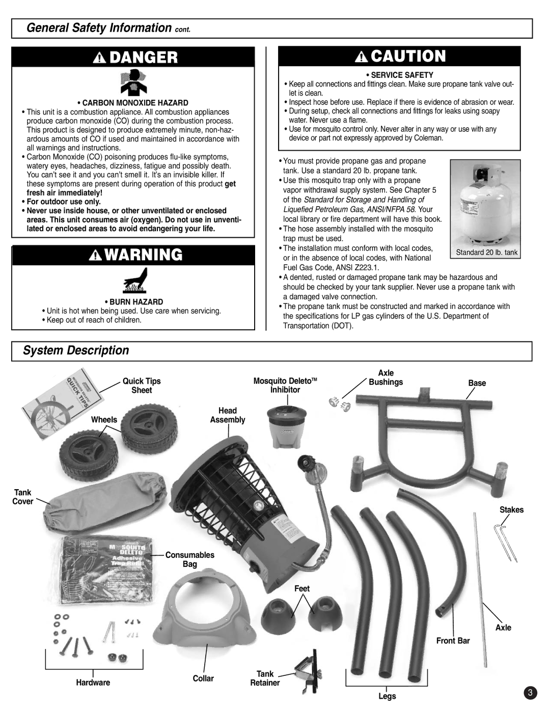 Coleman 2200 manual System Description, For outdoor use only, Hose assembly installed with the mosquito trap must be used 