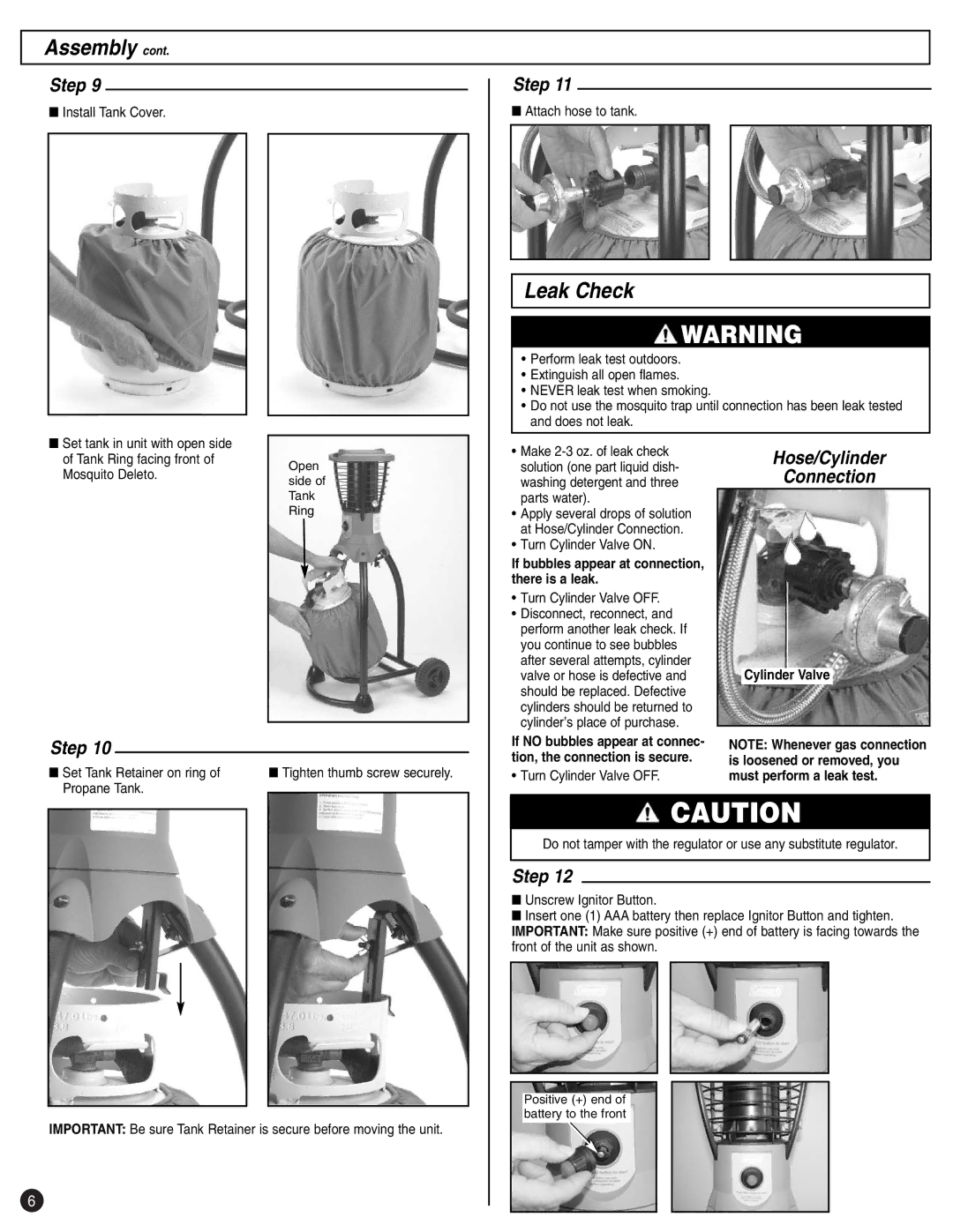 Coleman 2200 manual Leak Check, Hose/Cylinder Connection, If bubbles appear at connection, there is a leak, Cylinder Valve 