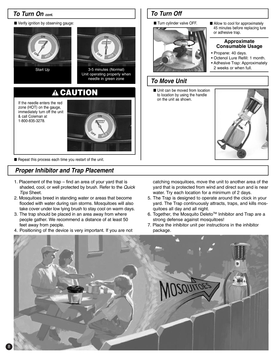 Coleman 2200 manual To Turn Off, To Move Unit, Proper Inhibitor and Trap Placement, Verify ignition by observing gauge 