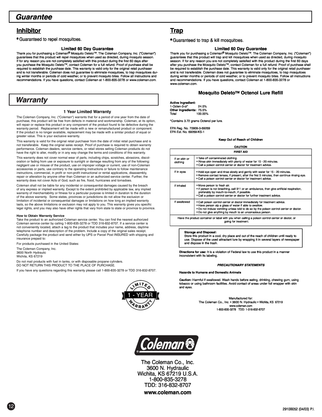 Coleman 2200 Guarantee, Warranty, Inhibitor, Trap, Year, The Coleman Co., Inc 3600 N. Hydraulic Wichita, KS 67219 U.S.A 
