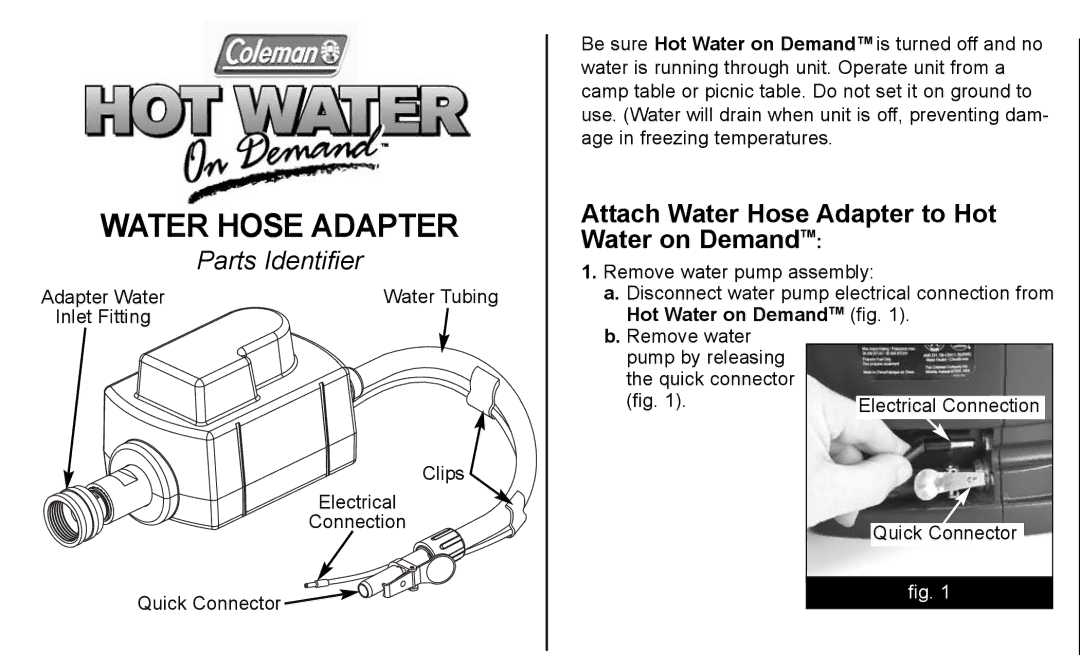 Coleman 2300-511 manual Attach Water Hose Adapter to Hot Water on DemandTM 