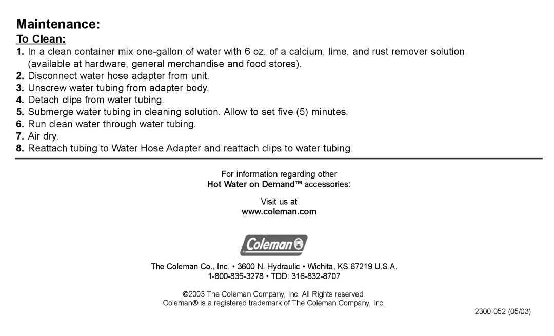 Coleman 2300-511 manual Maintenance, To Clean 