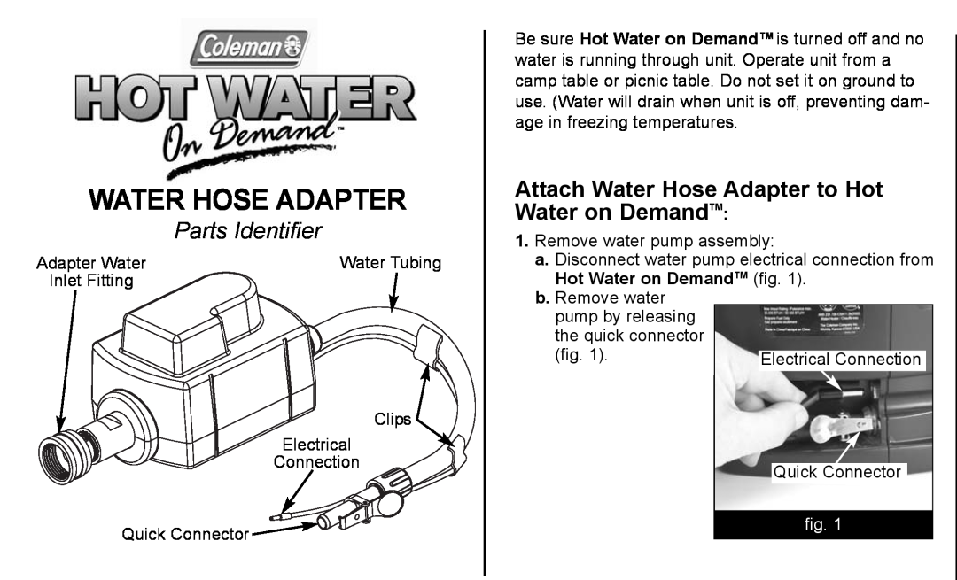 Coleman 2300-511 manual Attach Water Hose Adapter to Hot Water on DemandTM, Parts Identifier 