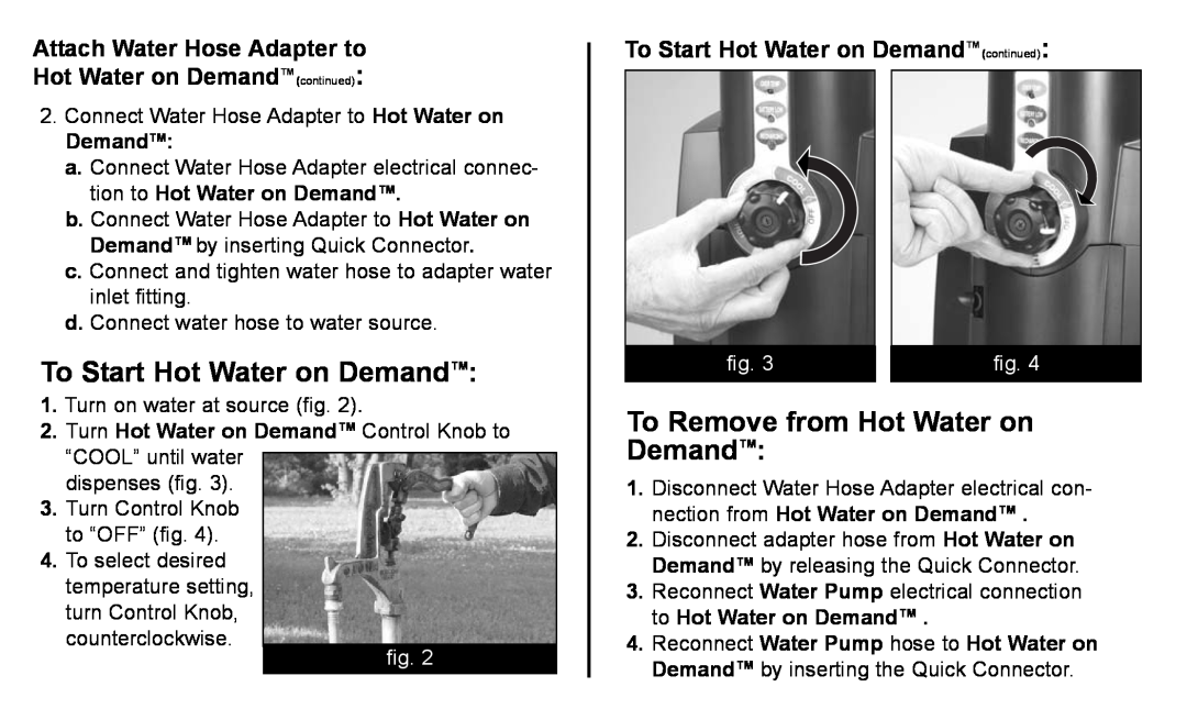 Coleman 2300-511 manual To Start Hot Water on DemandTM, To Remove from Hot Water on DemandTM 