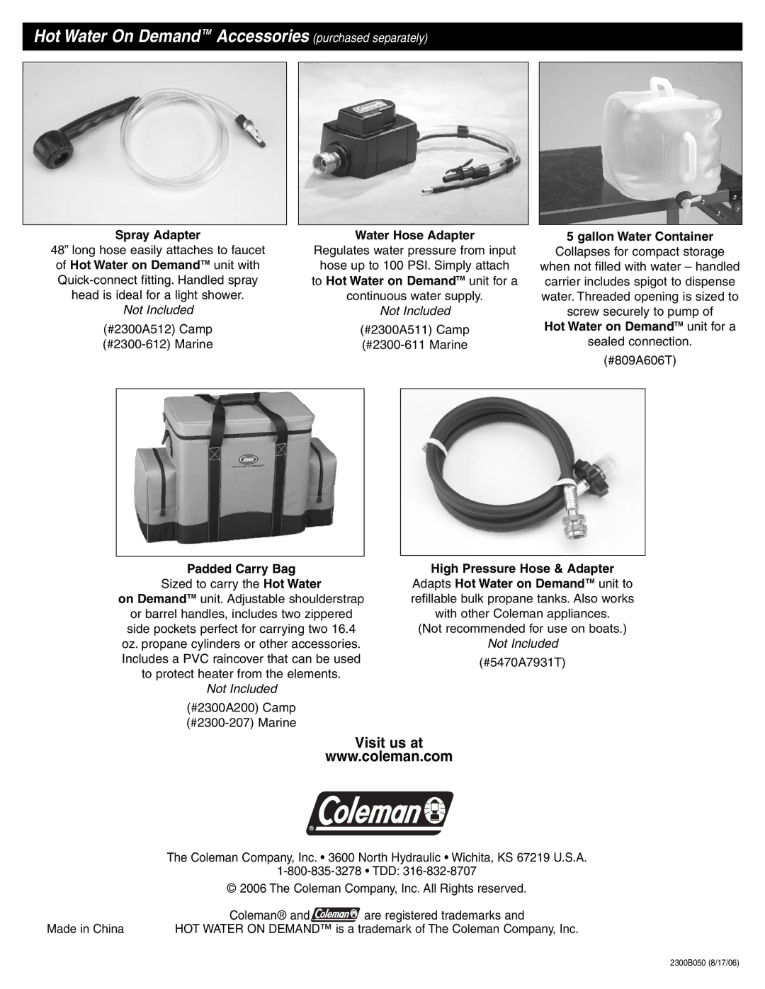 Coleman 2300 Series manual Hot Water On DemandTM Accessories purchased separately 