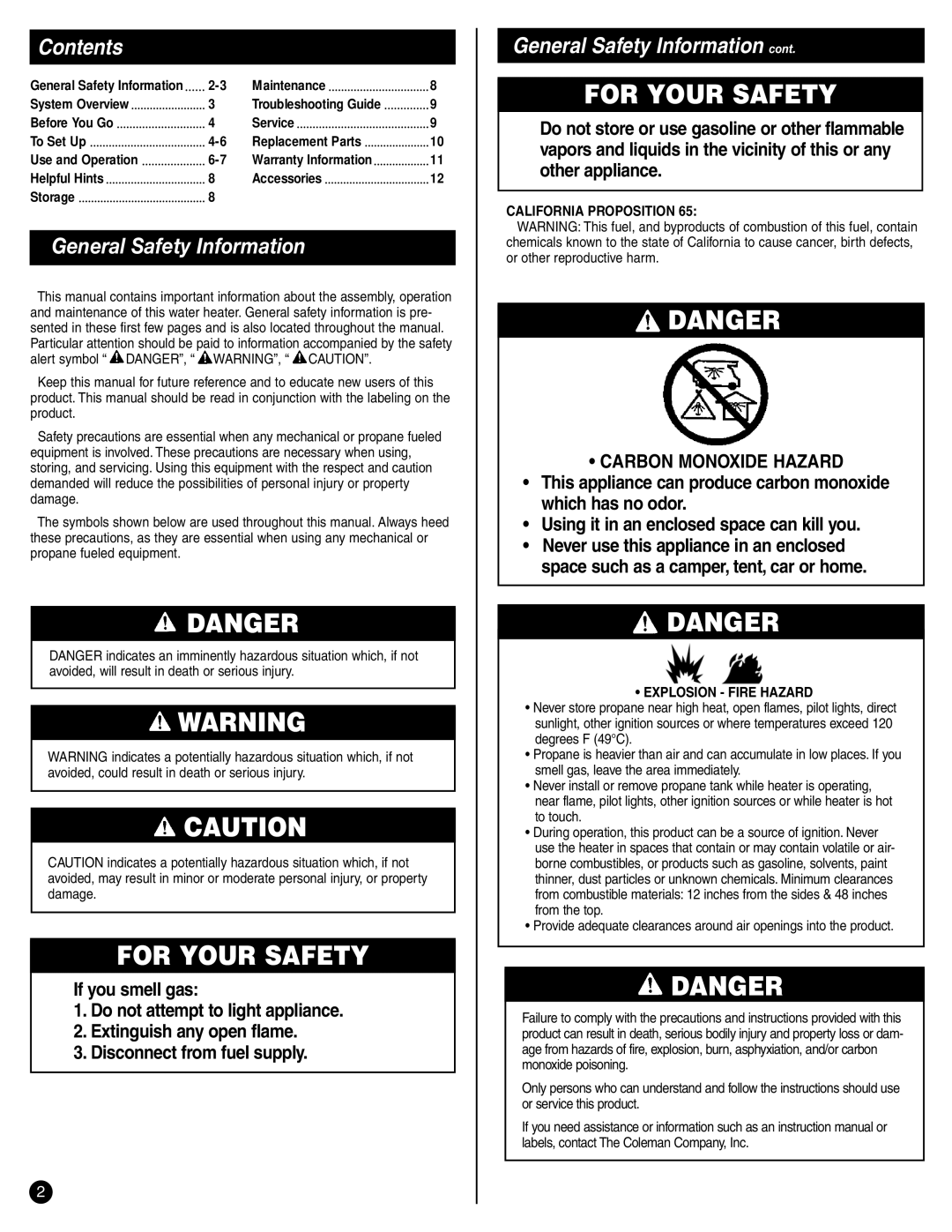 Coleman 2300 Series manual Contents, General Safety Information 