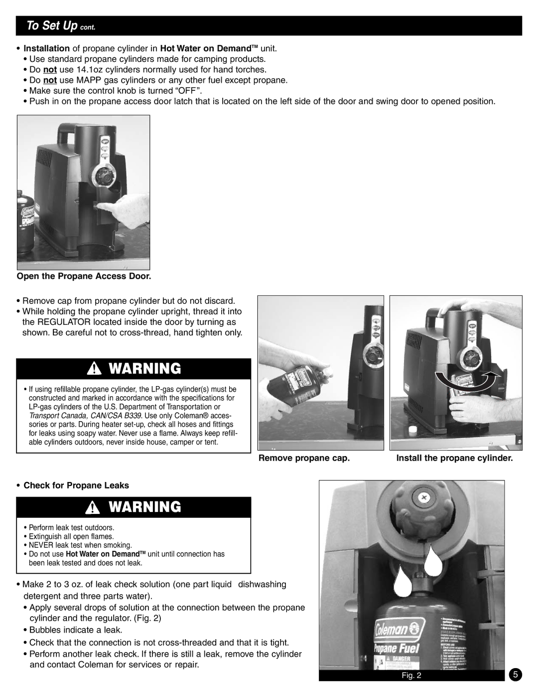 Coleman 2300 Series manual Open the Propane Access Door, Remove propane cap, Check for Propane Leaks 