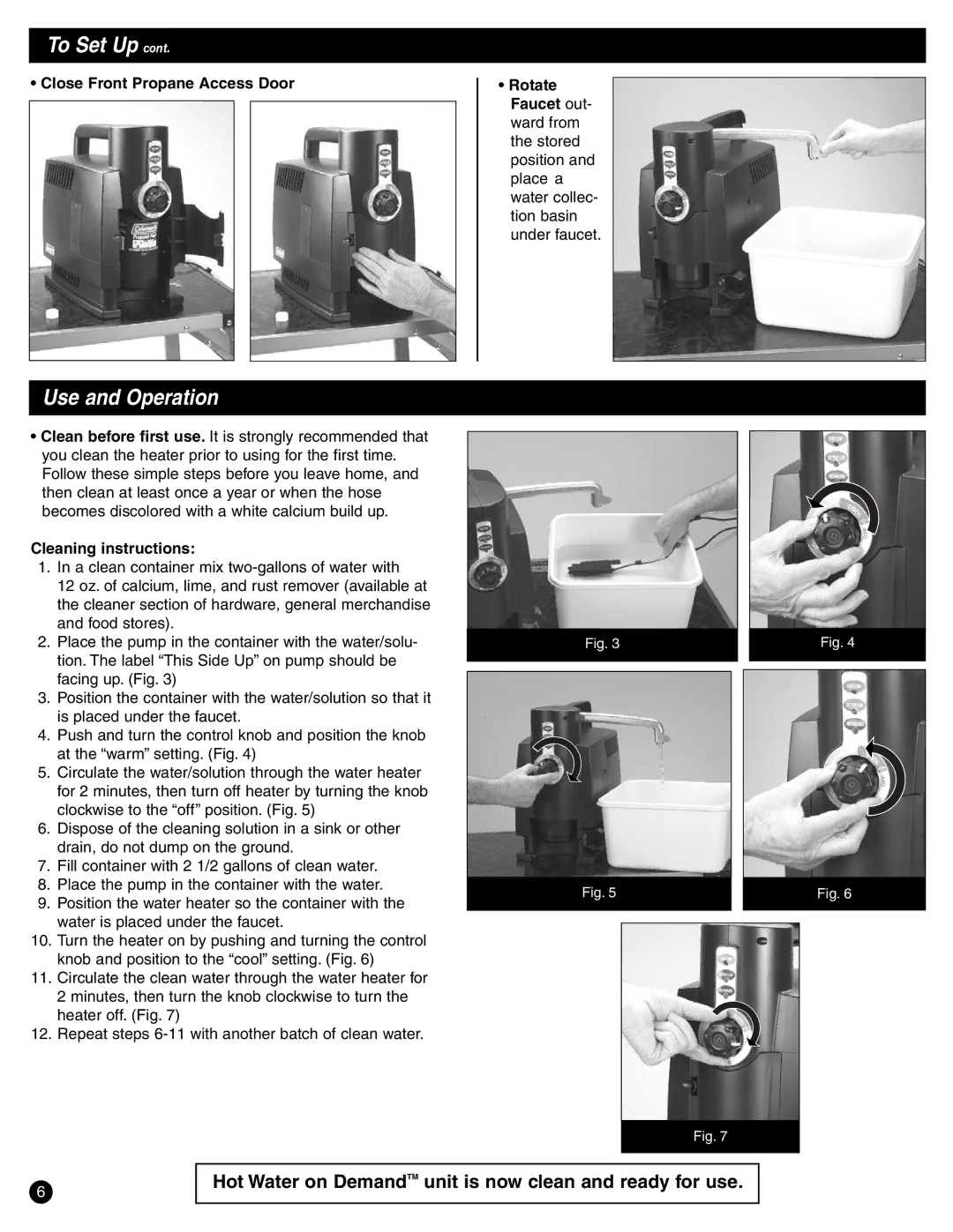 Coleman 2300 Series manual Use and Operation, Close Front Propane Access Door, Cleaning instructions 