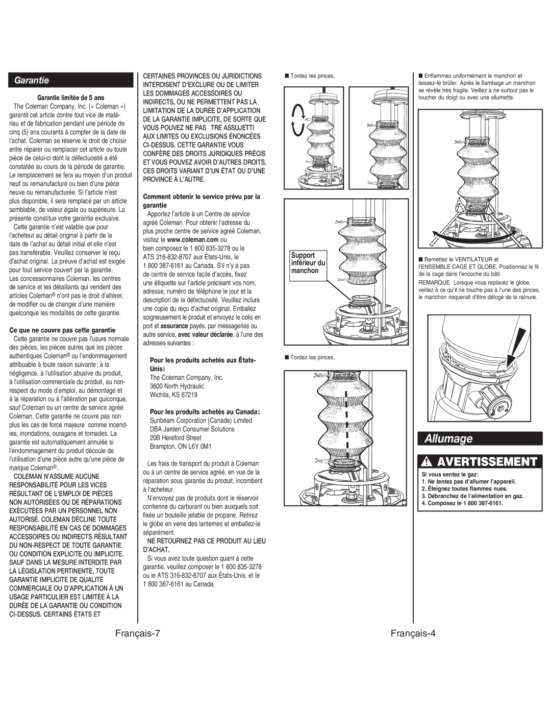 Coleman 2500 manual Allumage, Avertissement, Garantie 